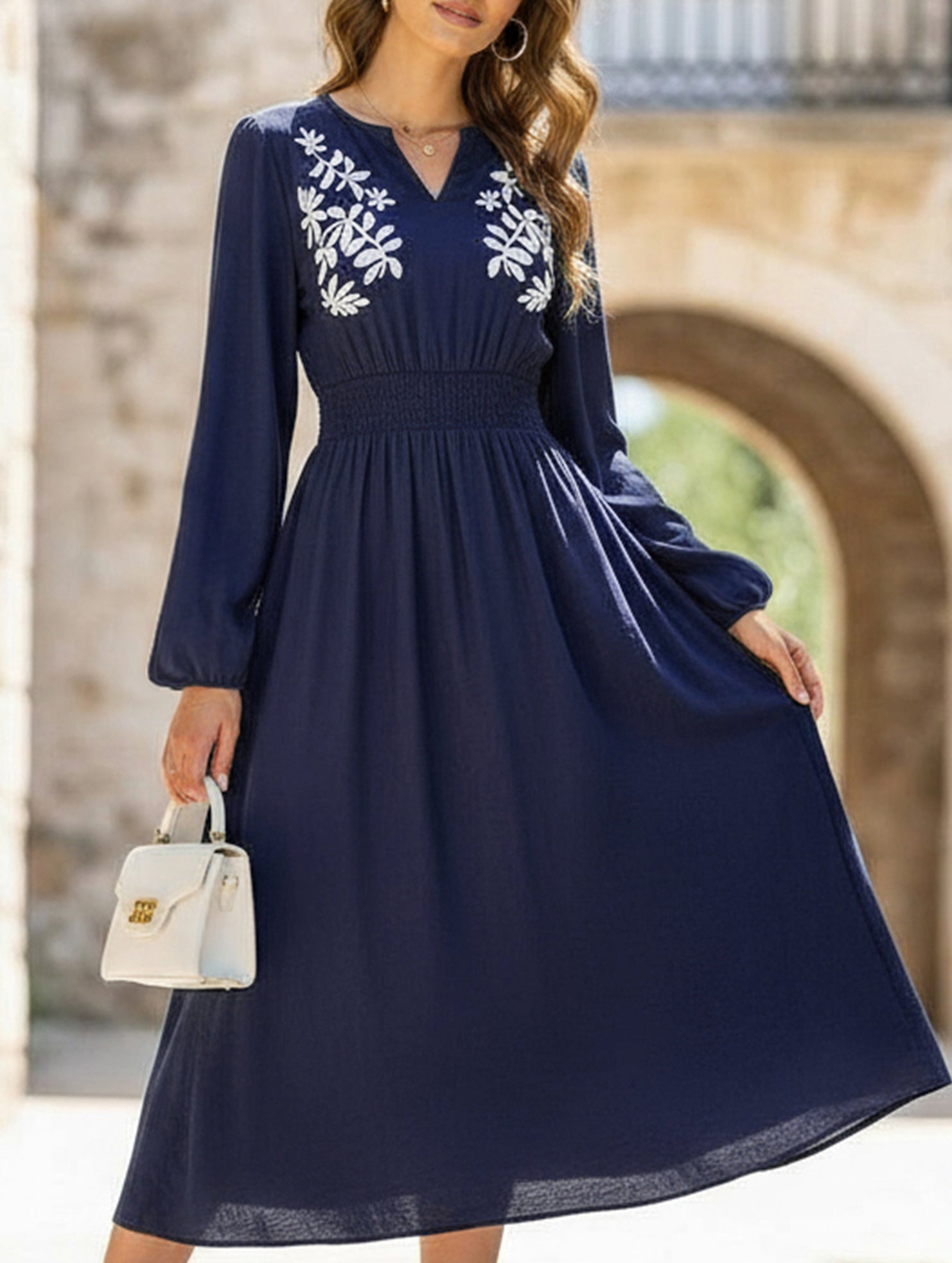 Anna-Berg | Waist V-Neck Blue Embroidered Dress
