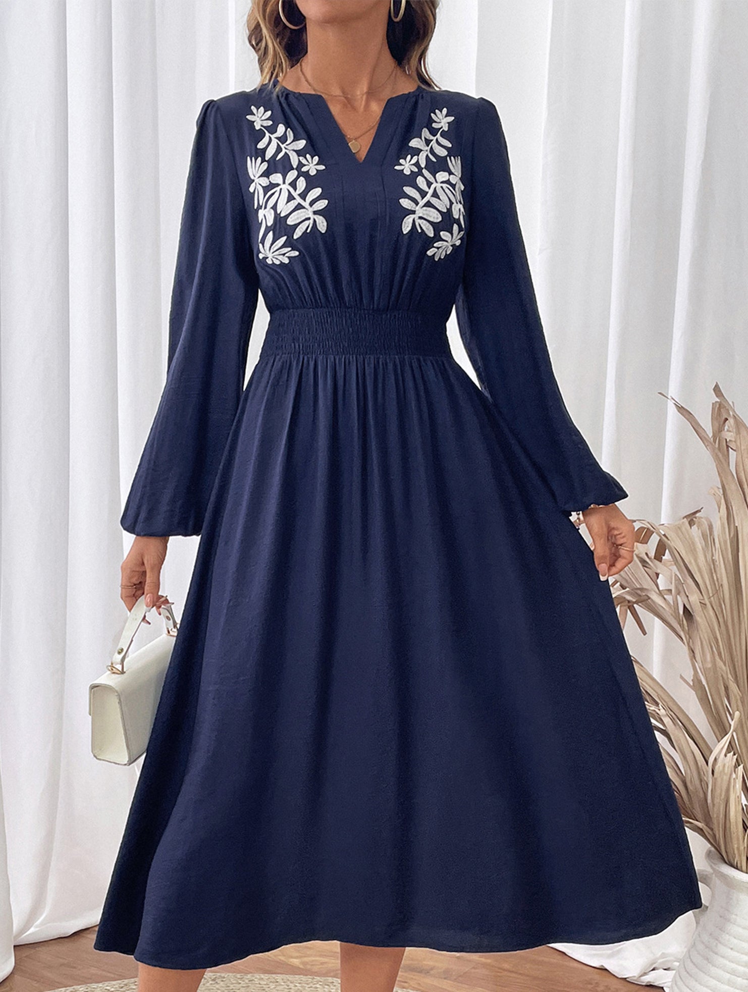 Anna-Berg | Waist V-Neck Blue Embroidered Dress