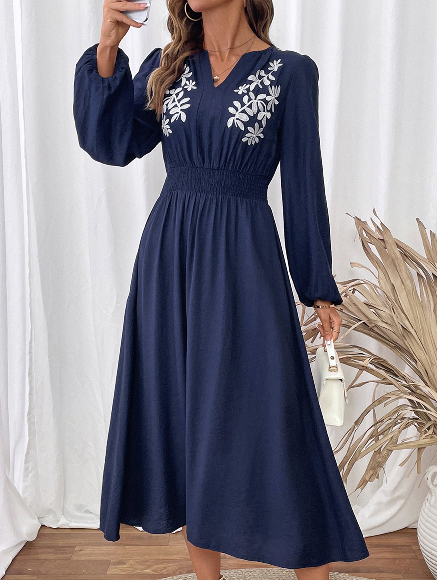 Anna-Berg | Waist V-Neck Blue Embroidered Dress