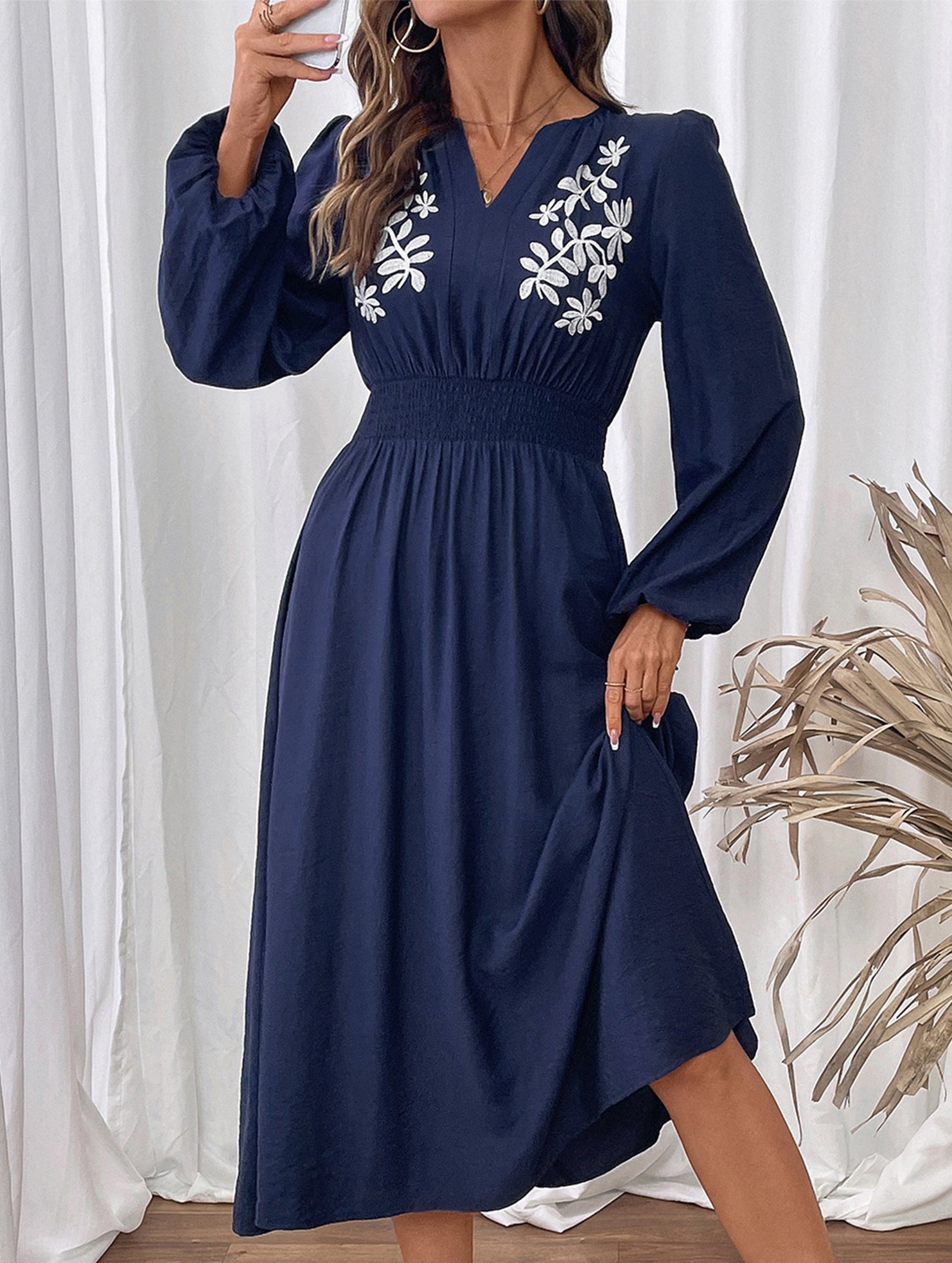 Anna-Berg | Waist V-Neck Blue Embroidered Dress