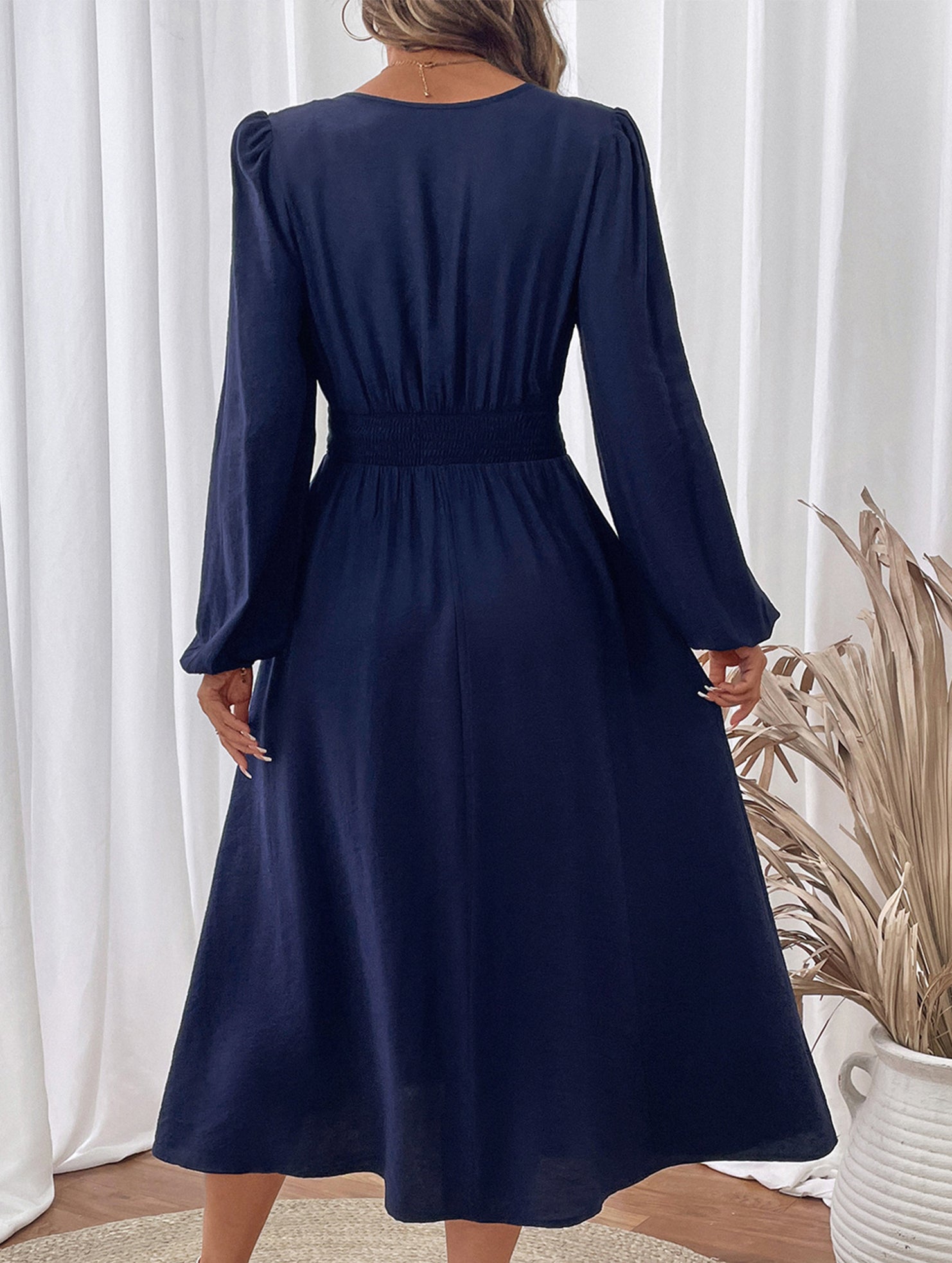 Anna-Berg | Waist V-Neck Blue Embroidered Dress