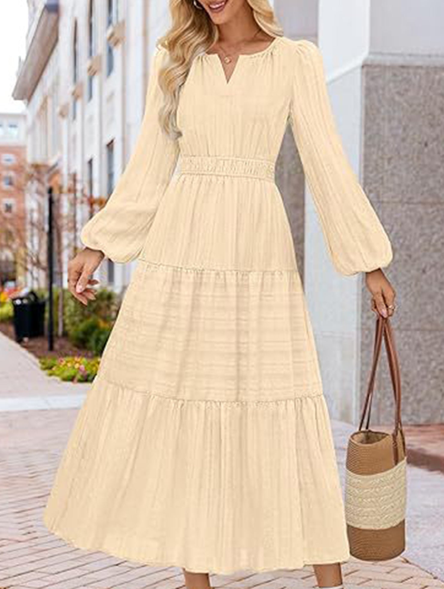 Anna-Berg | V-Neck Pleated Waist Tiered Long-Sleeved Dress