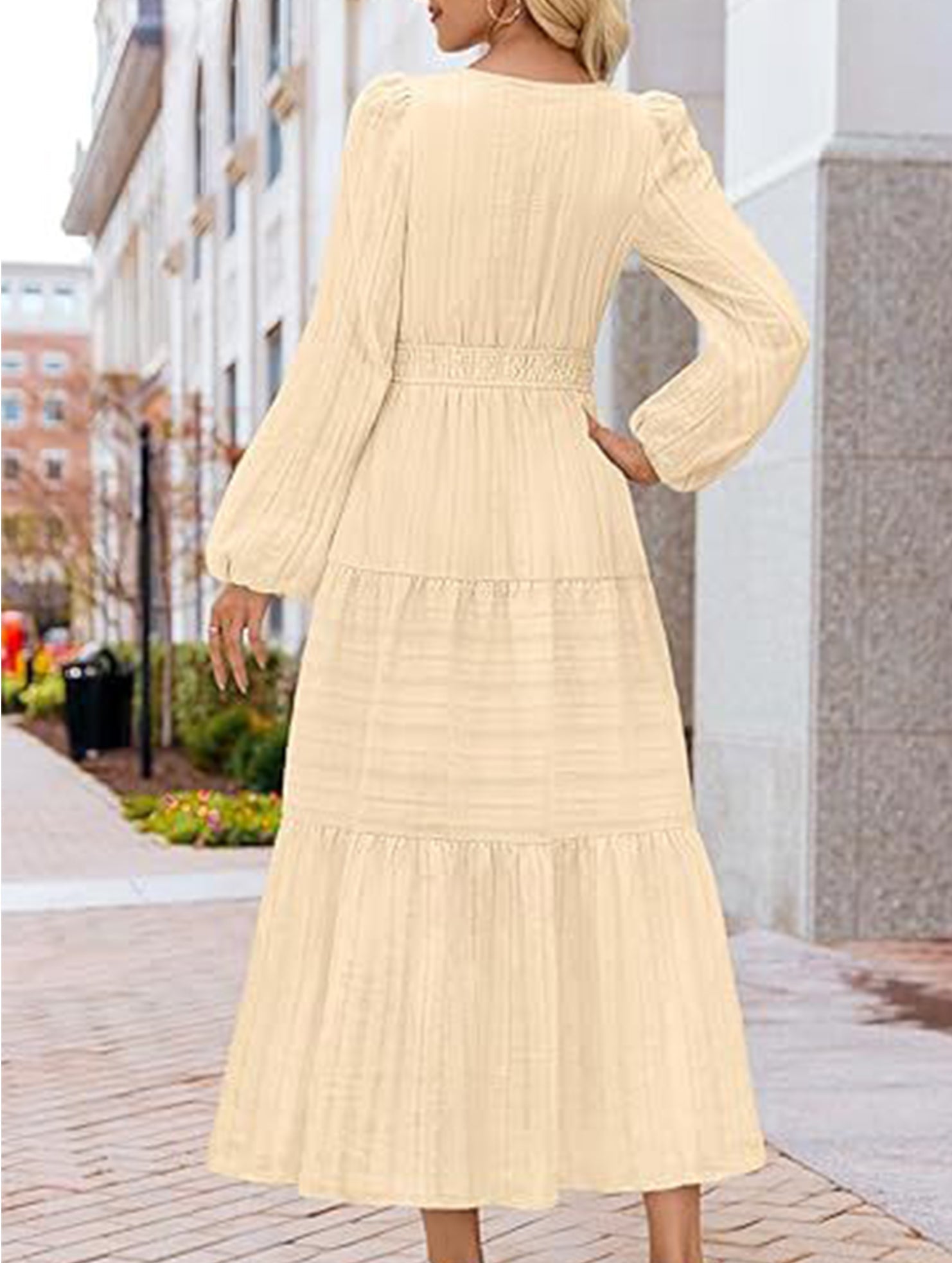 Anna-Berg | V-Neck Pleated Waist Tiered Long-Sleeved Dress