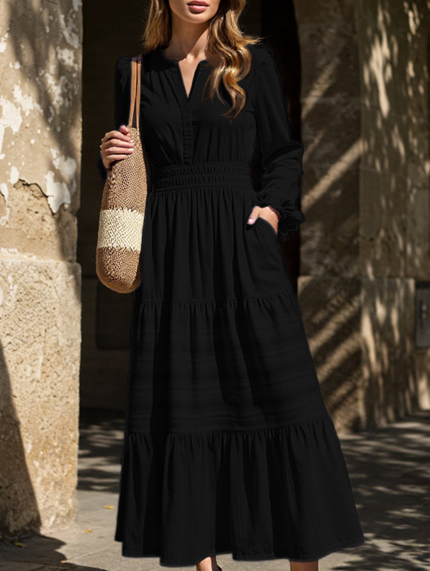 Anna-Berg | V-Neck Pleated Waist Tiered Long-Sleeved Dress
