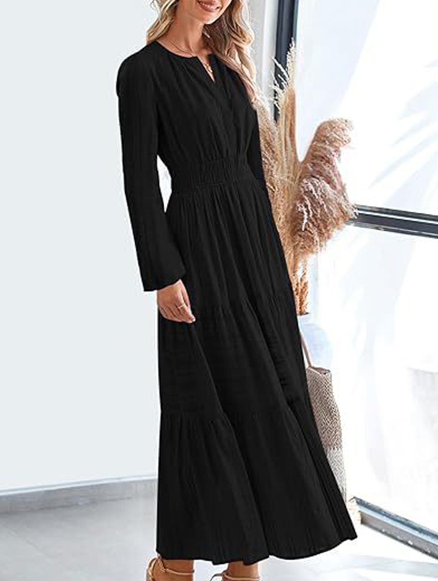 Anna-Berg | V-Neck Pleated Waist Tiered Long-Sleeved Dress