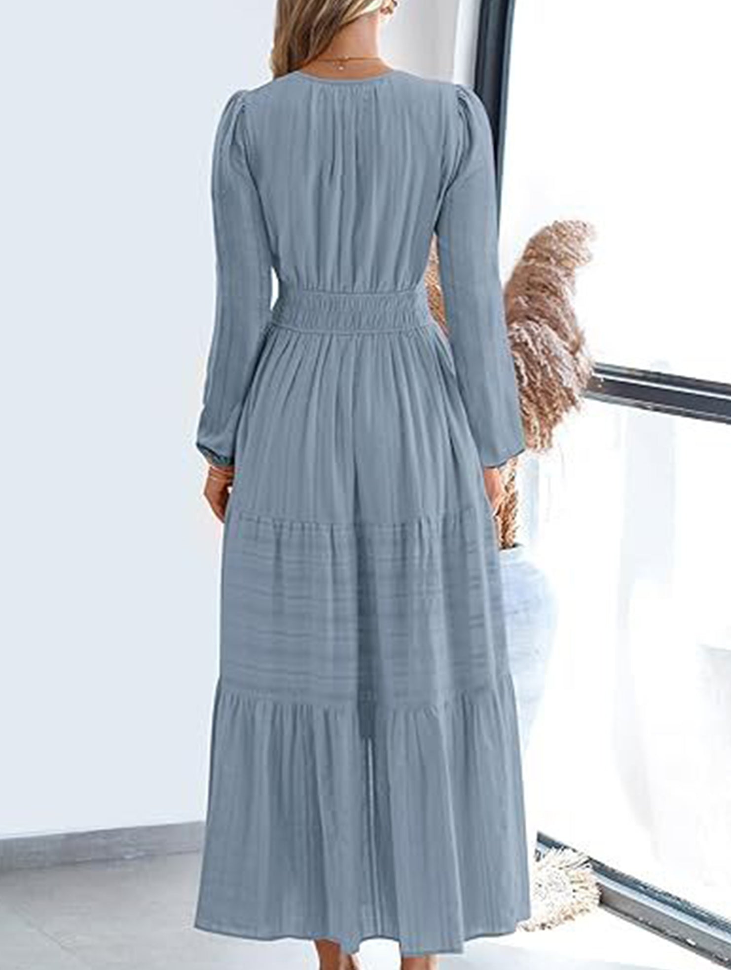 Anna-Berg | V-Neck Pleated Waist Tiered Long-Sleeved Dress