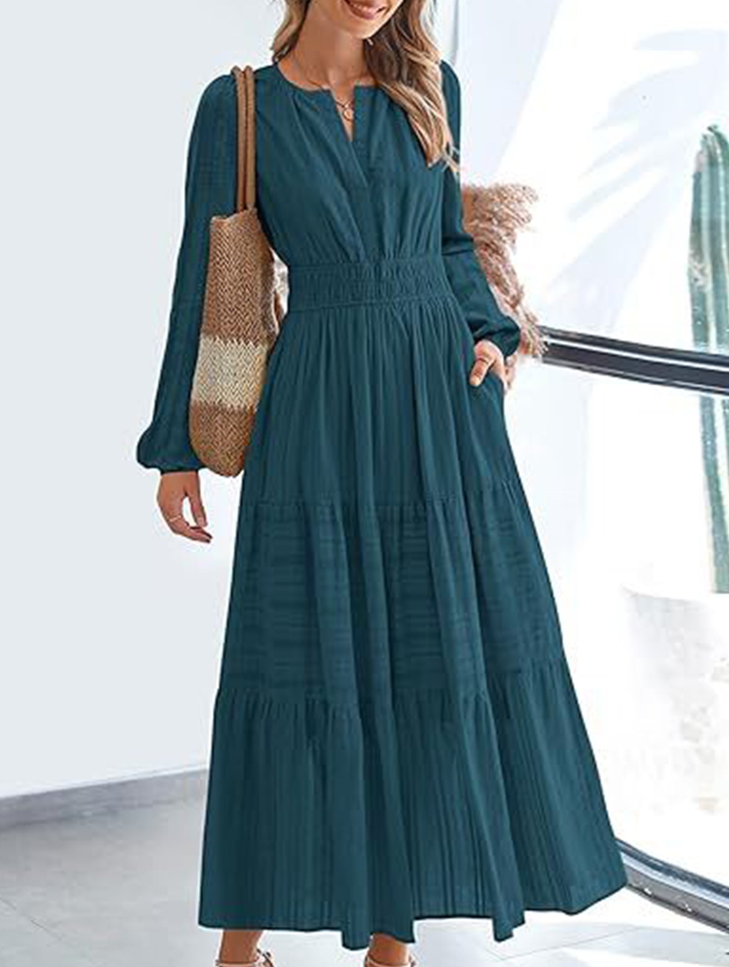 Anna-Berg | V-Neck Pleated Waist Tiered Long-Sleeved Dress