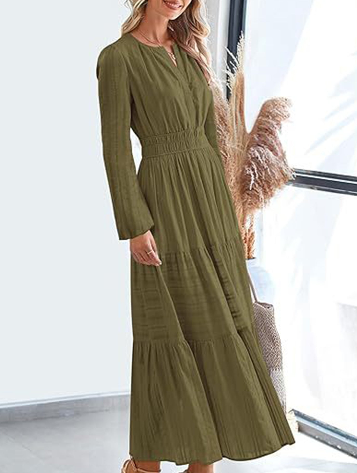 Anna-Berg | V-Neck Pleated Waist Tiered Long-Sleeved Dress