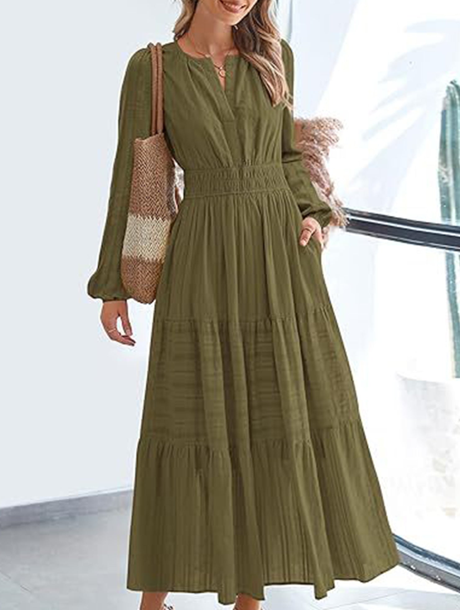 Anna-Berg | V-Neck Pleated Waist Tiered Long-Sleeved Dress