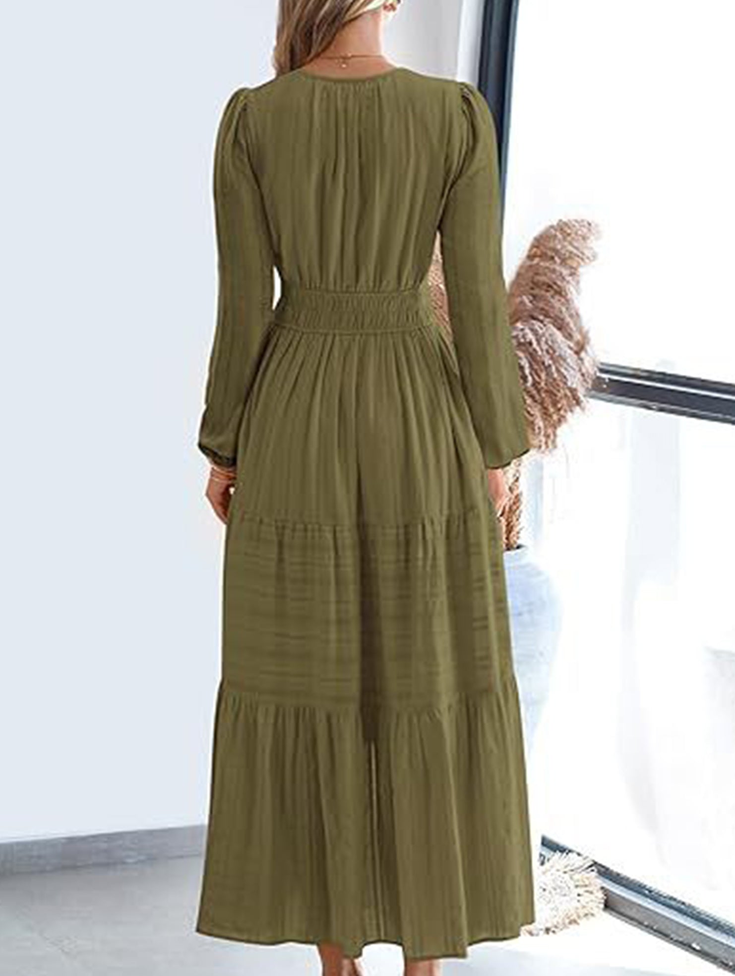 Anna-Berg | V-Neck Pleated Waist Tiered Long-Sleeved Dress