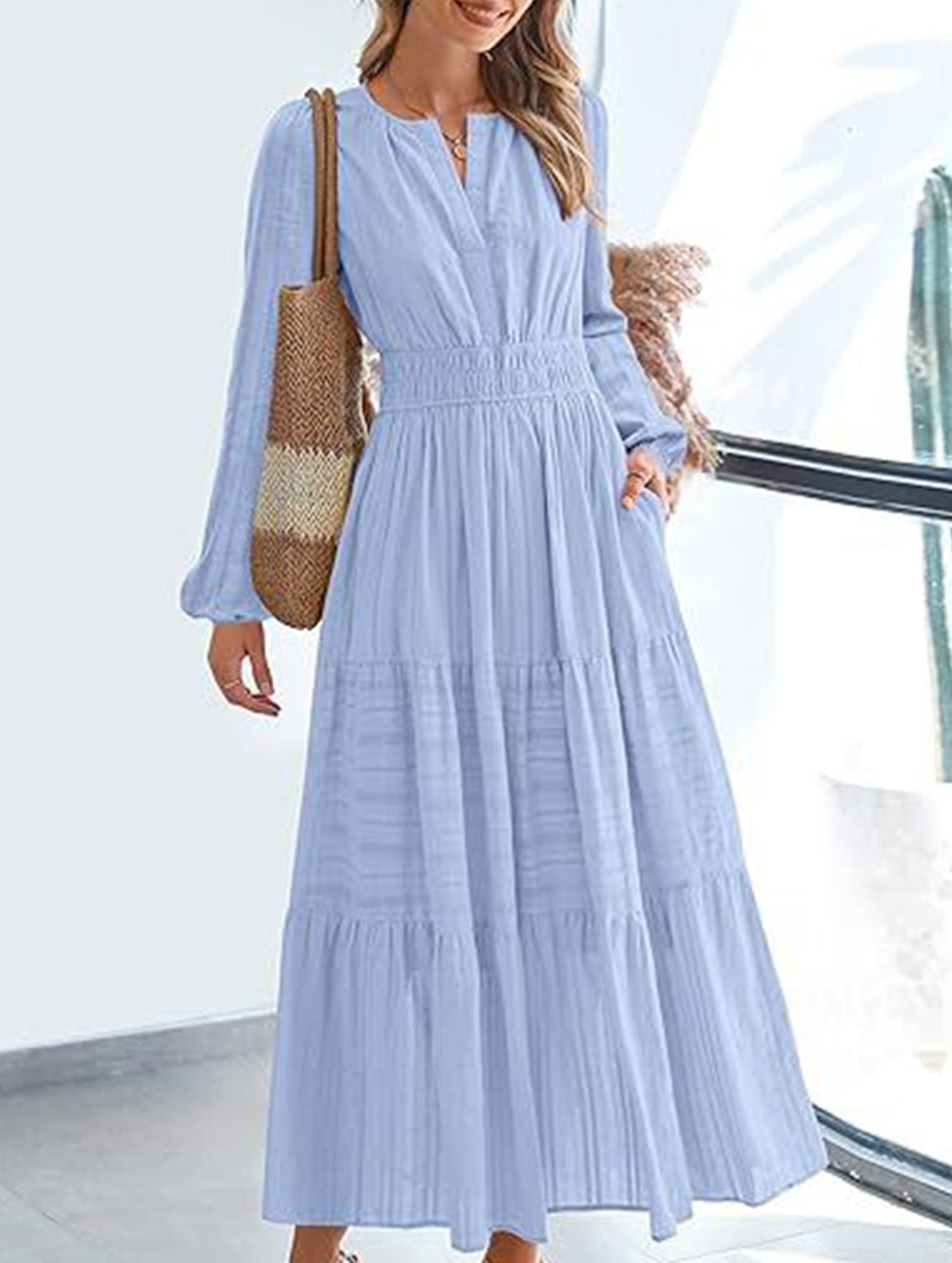 Anna-Berg | V-Neck Pleated Waist Tiered Long-Sleeved Dress