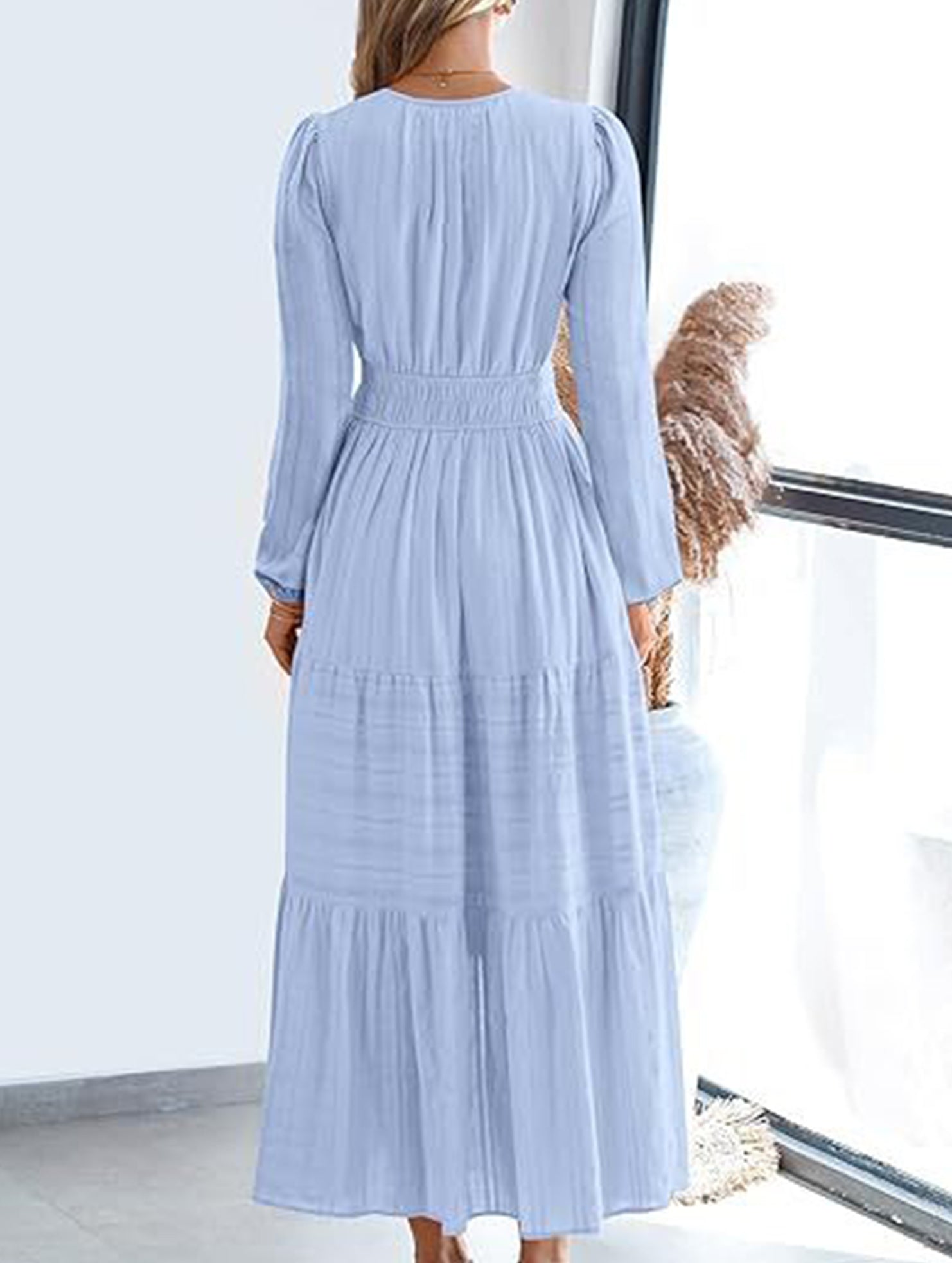 Anna-Berg | V-Neck Pleated Waist Tiered Long-Sleeved Dress