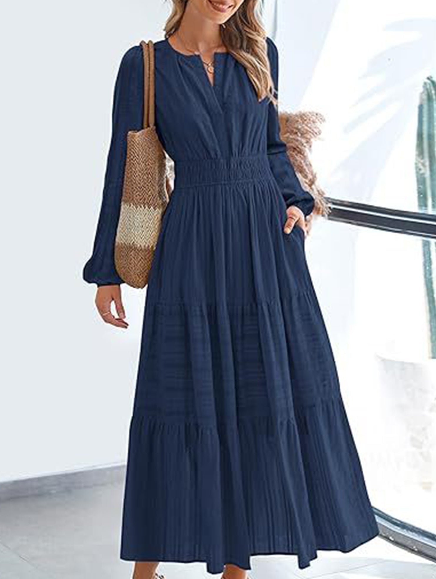 Anna-Berg | V-Neck Pleated Waist Tiered Long-Sleeved Dress