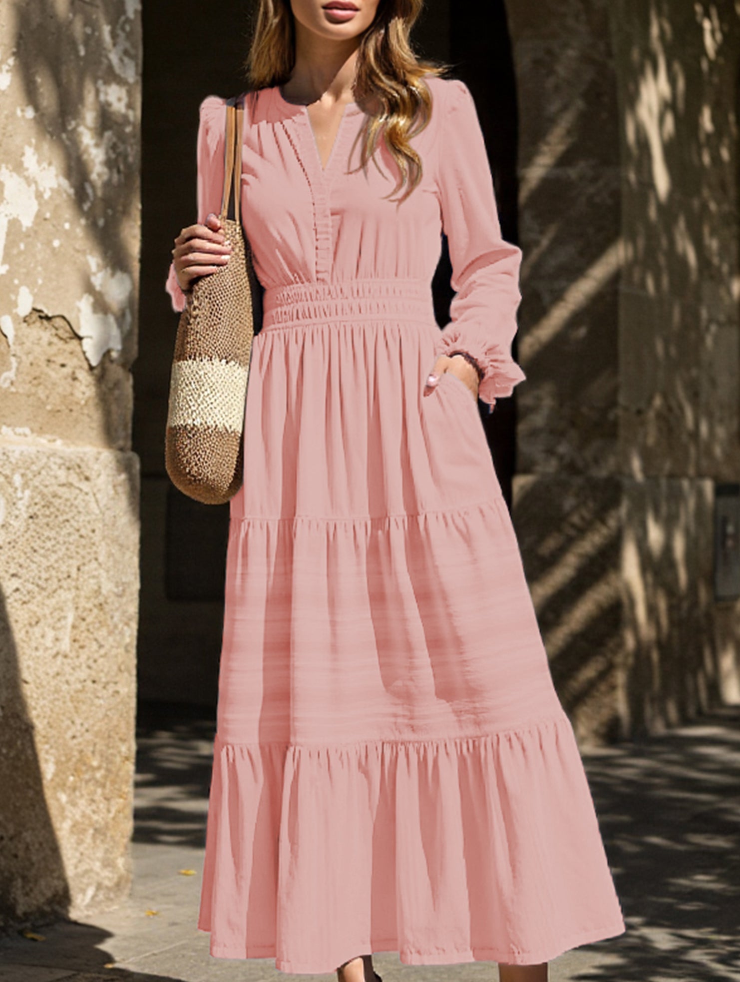 Anna-Berg | V-Neck Pleated Waist Tiered Long-Sleeved Dress