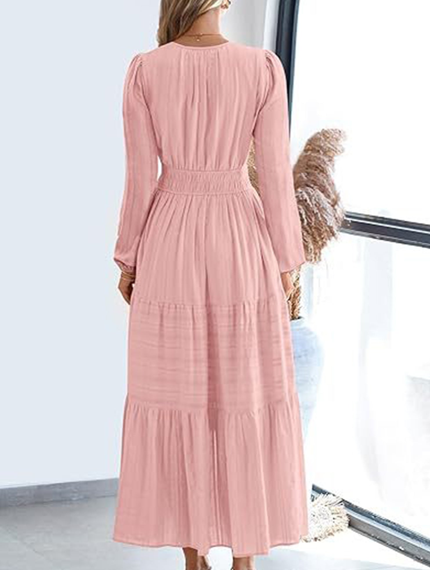 Anna-Berg | V-Neck Pleated Waist Tiered Long-Sleeved Dress