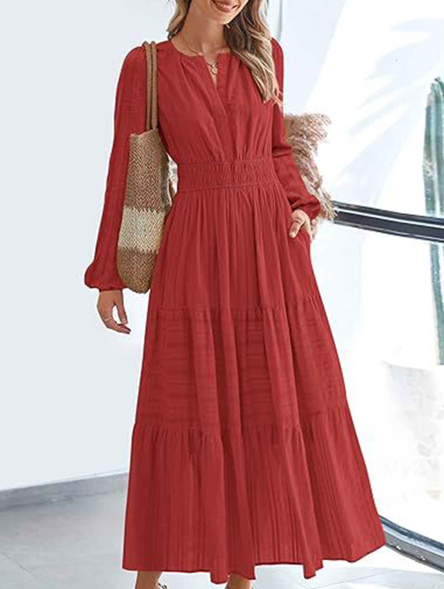Anna-Berg | V-Neck Pleated Waist Tiered Long-Sleeved Dress