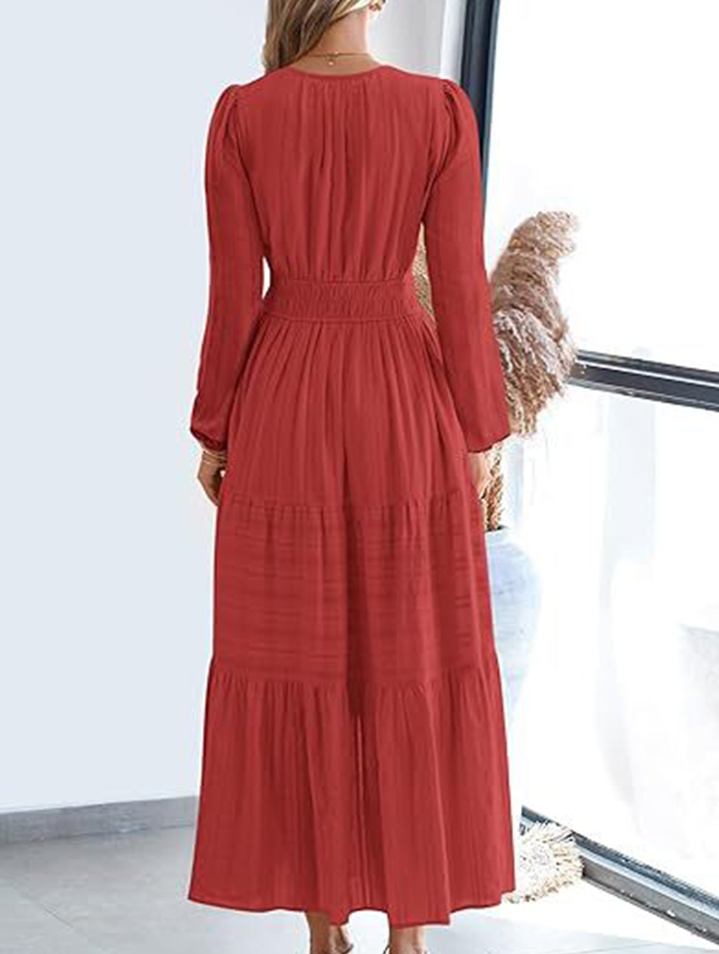 Anna-Berg | V-Neck Pleated Waist Tiered Long-Sleeved Dress