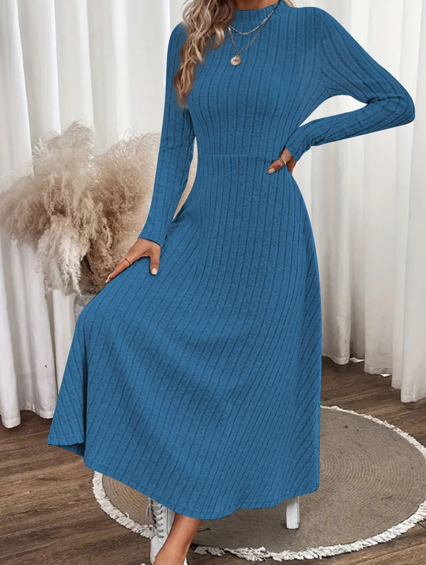 Anna-Berg | Round Neck Brushed Ribbed Long Dress