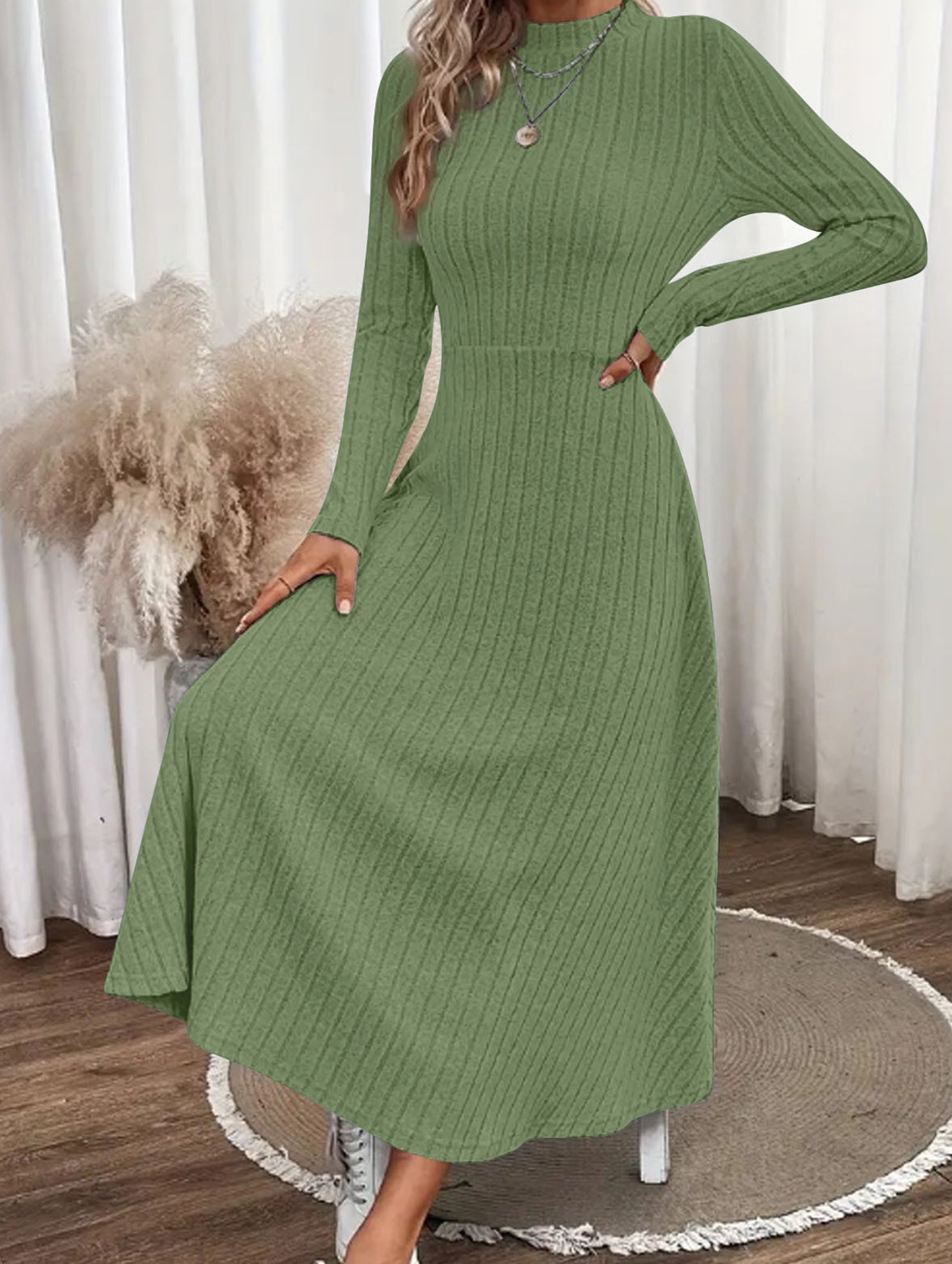 Anna-Berg | Round Neck Brushed Ribbed Long Dress