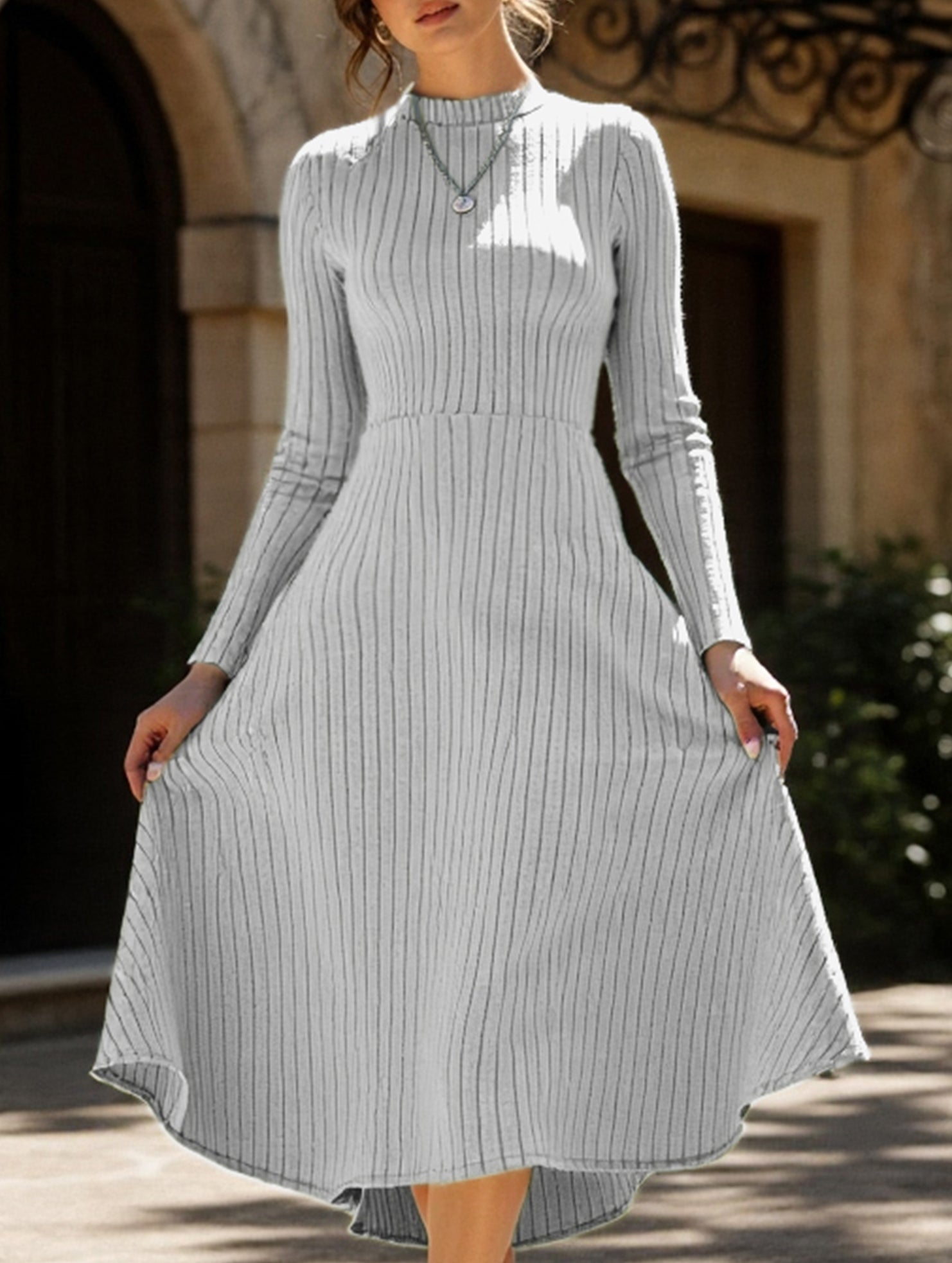 Anna-Berg | Round Neck Brushed Ribbed Long Dress