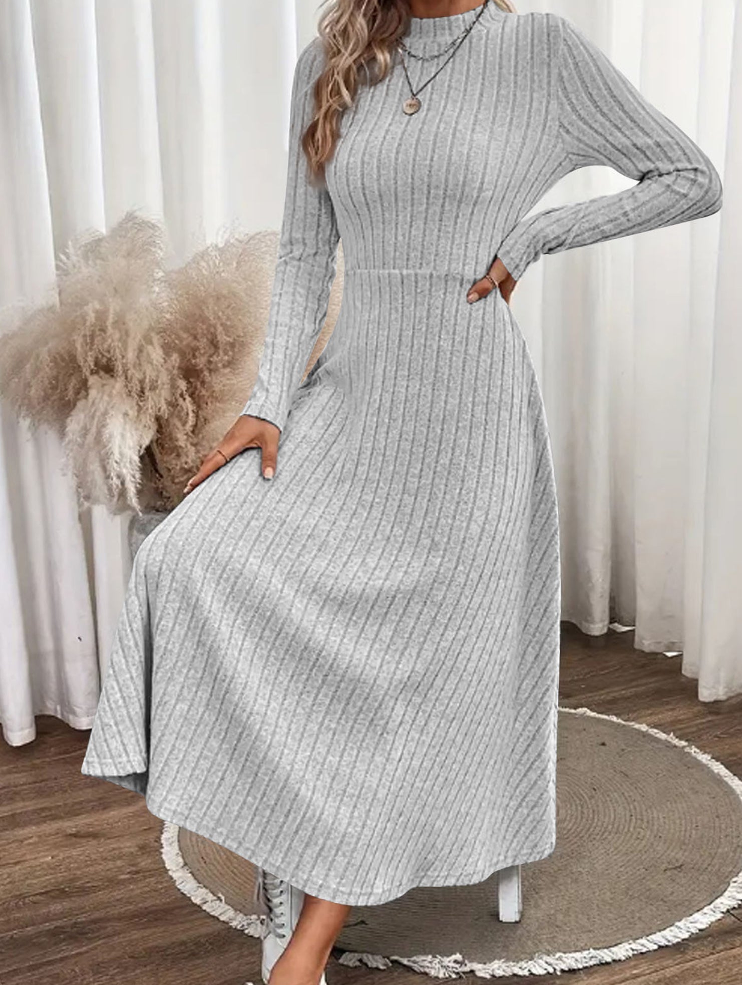 Anna-Berg | Round Neck Brushed Ribbed Long Dress