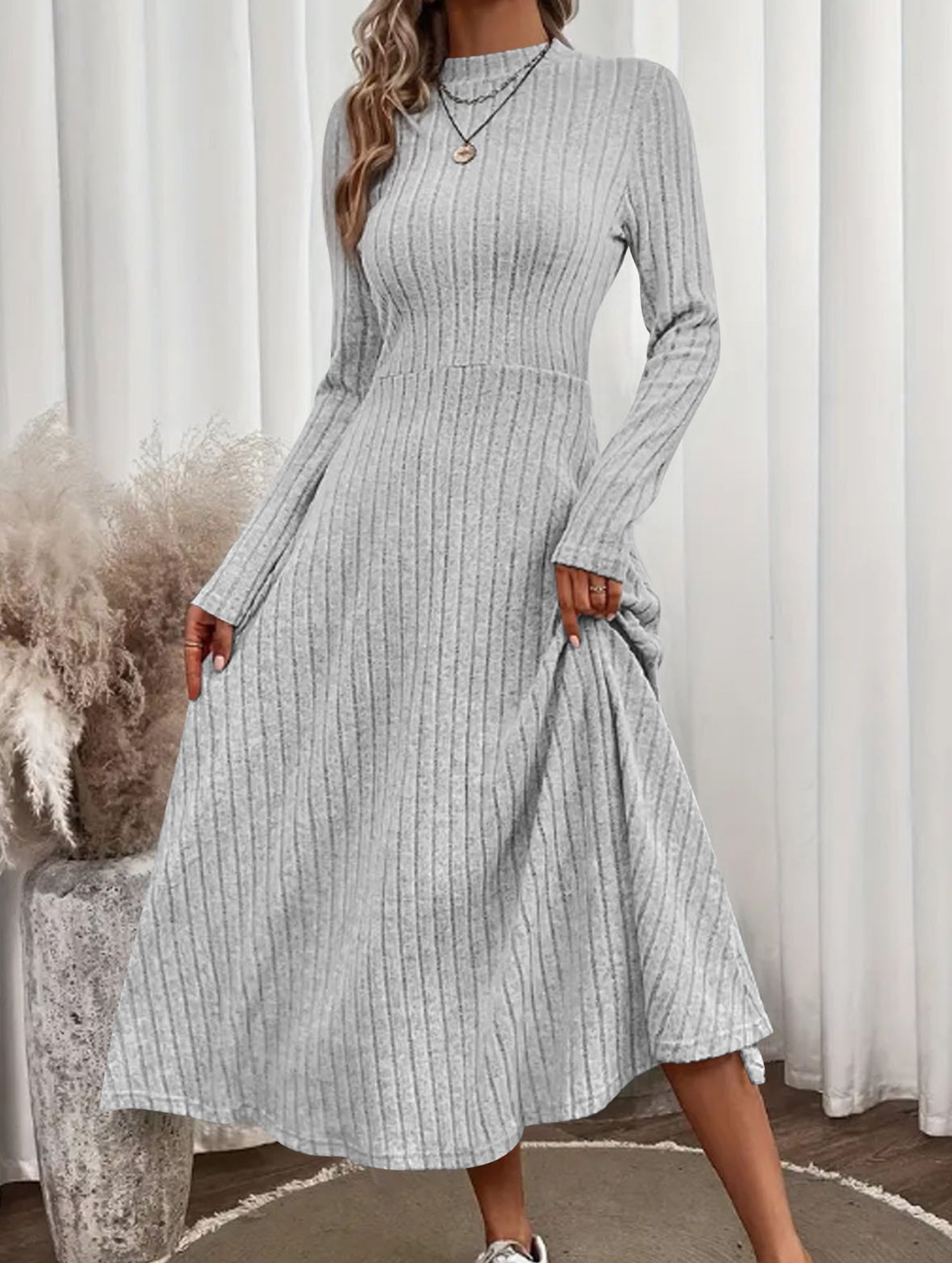 Anna-Berg | Round Neck Brushed Ribbed Long Dress