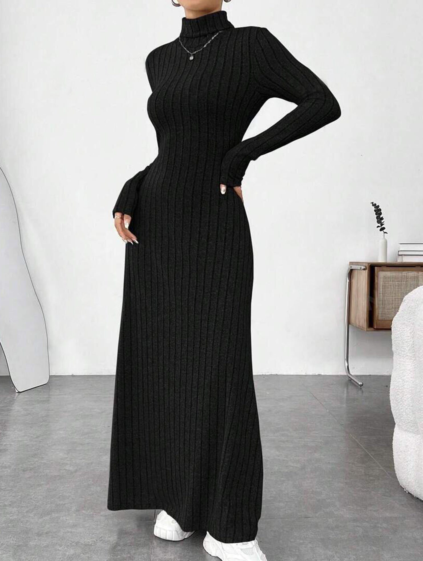 Anna-Berg | Solid Color Ribbed Brushed Long-Sleeved Dress