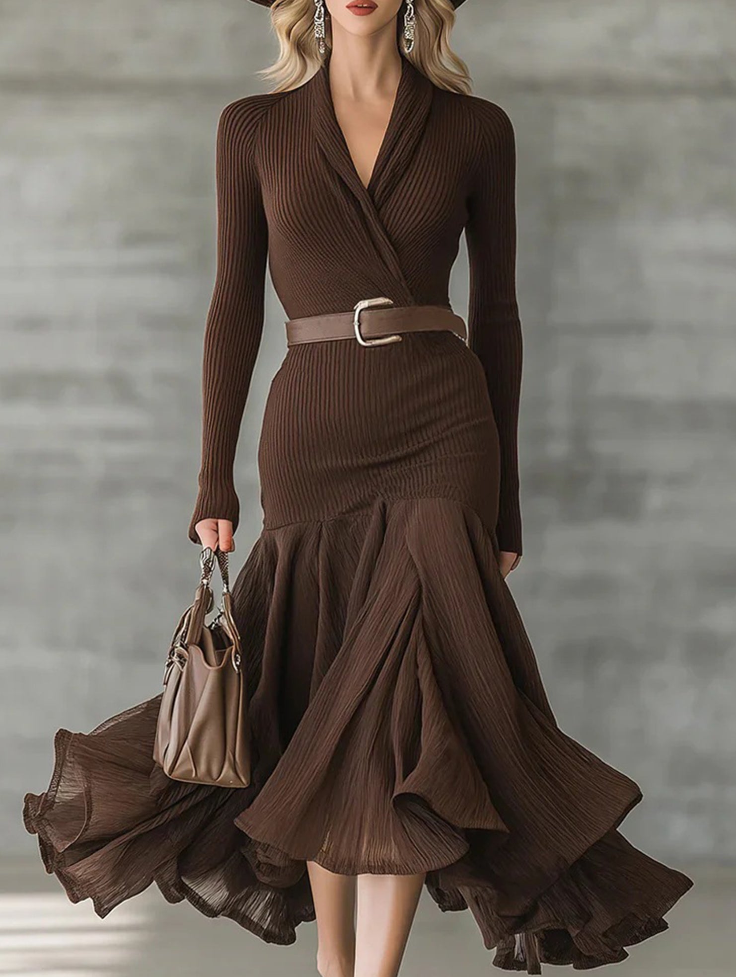 Anna-Berg | Solid Color Patchwork Collar Long-Sleeved Dress