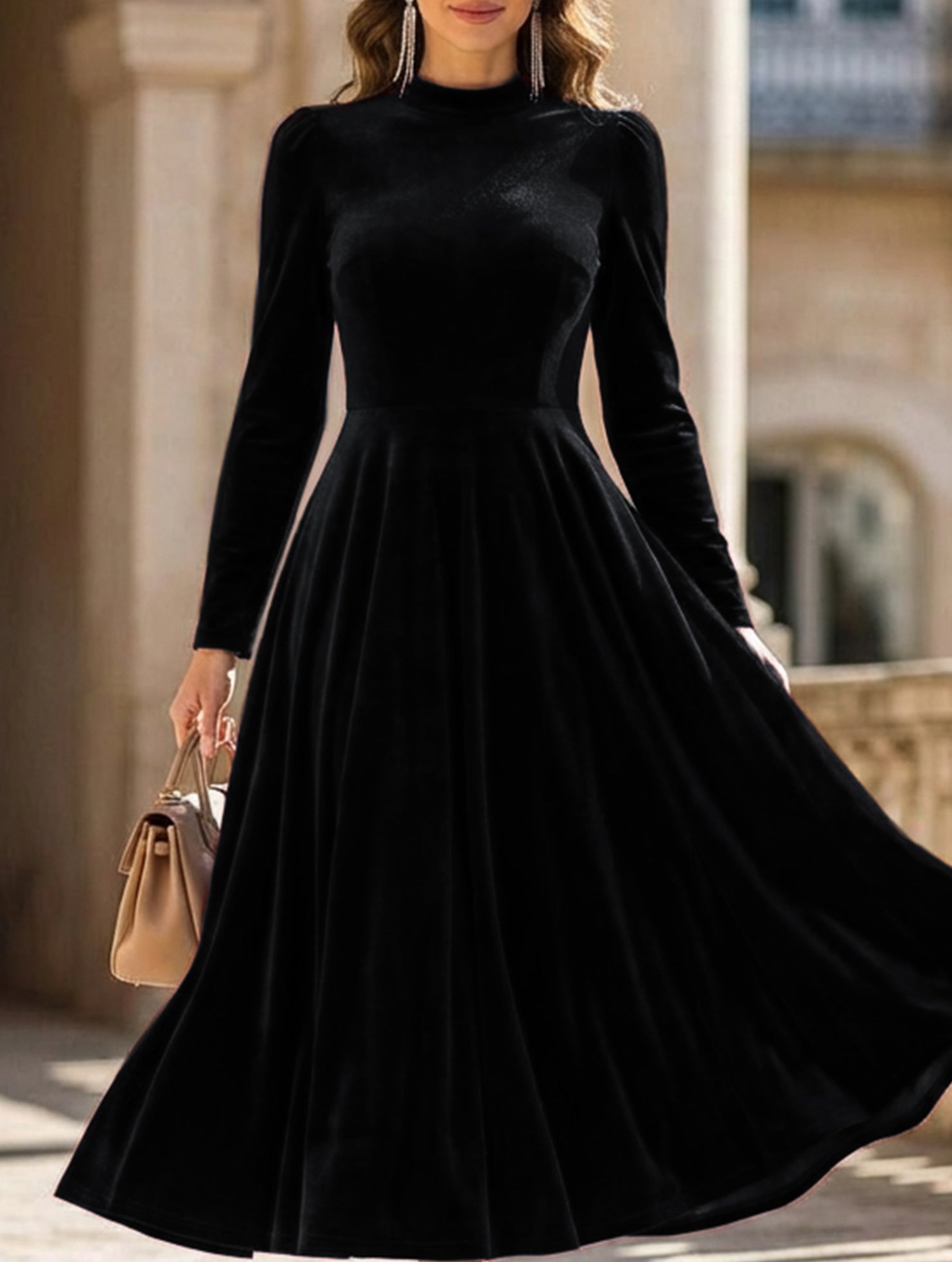 Anna-Berg | New Velvet Round Neck Long-Sleeved Dress