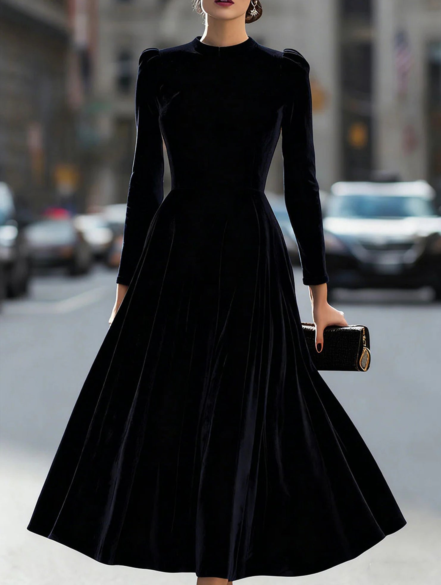 Anna-Berg | New Velvet Round Neck Long-Sleeved Dress