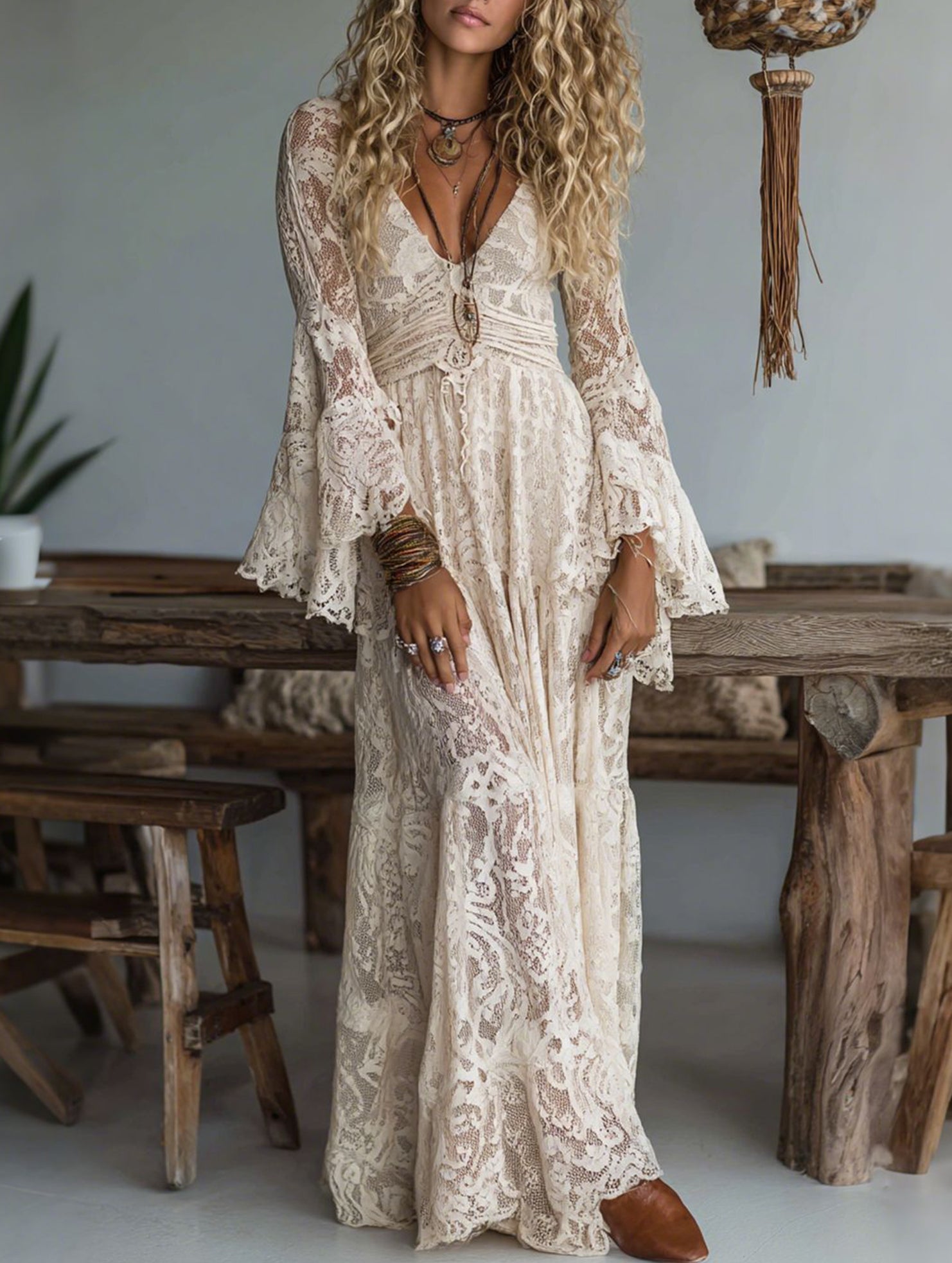 Anna-Berg | Resort-Style Lace Bell-Sleeve Long Dress