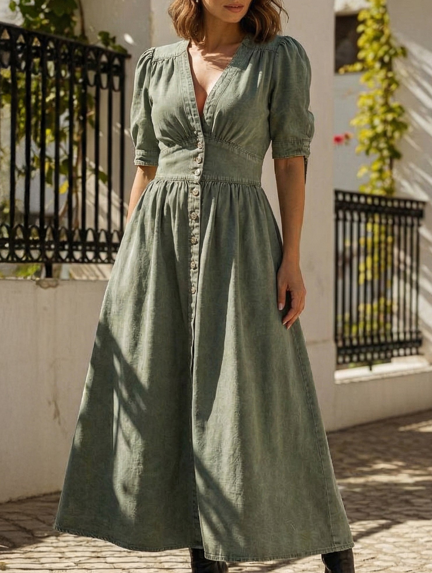 Anna-Berg | Stylish Deep V-Neck Fitted Shirt Dress