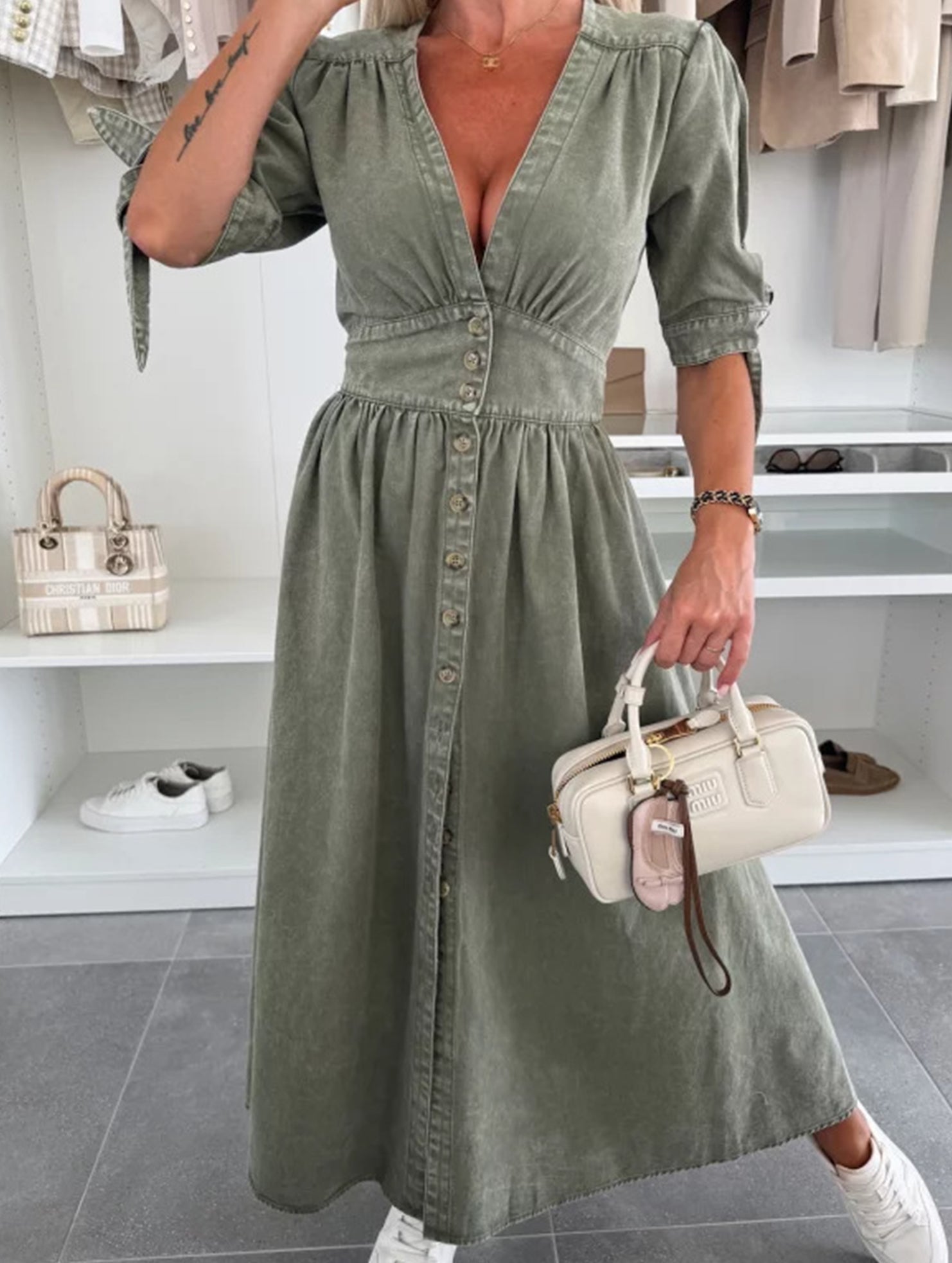 Anna-Berg | Stylish Deep V-Neck Fitted Shirt Dress