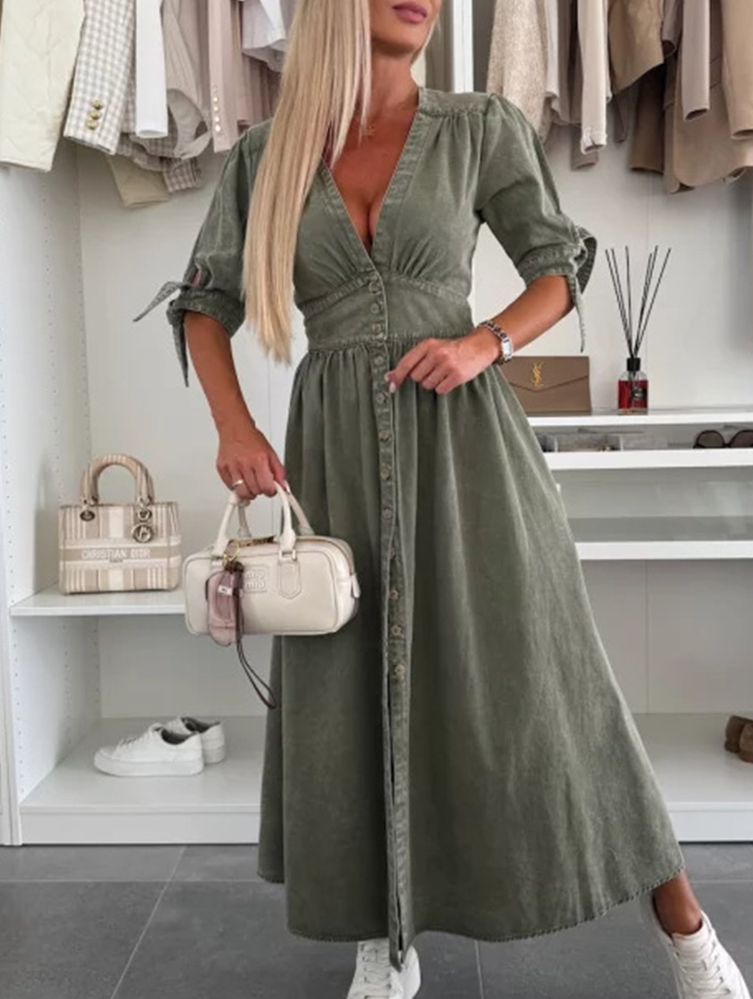 Anna-Berg | Stylish Deep V-Neck Fitted Shirt Dress