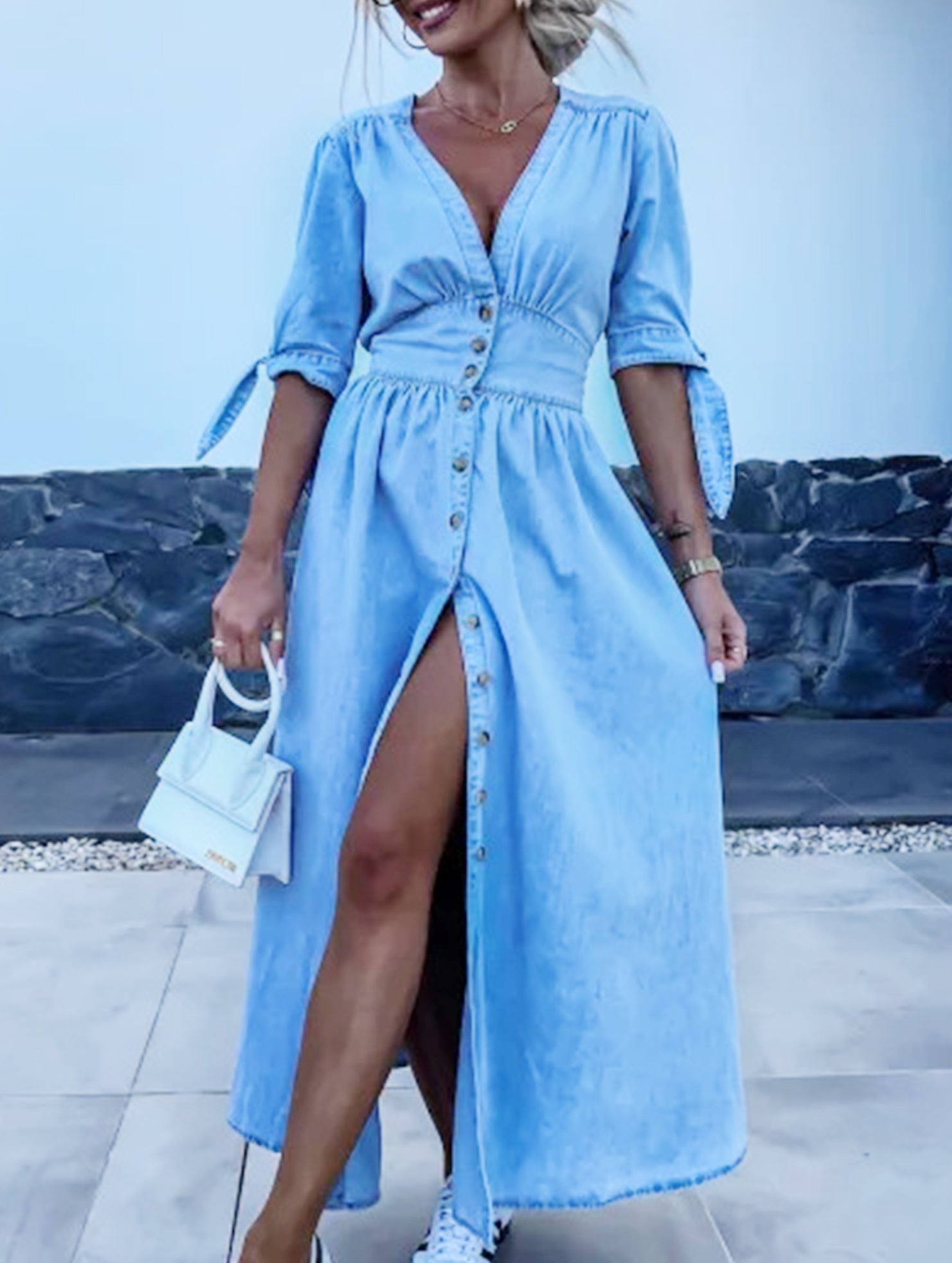 Anna-Berg | Stylish Deep V-Neck Fitted Shirt Dress