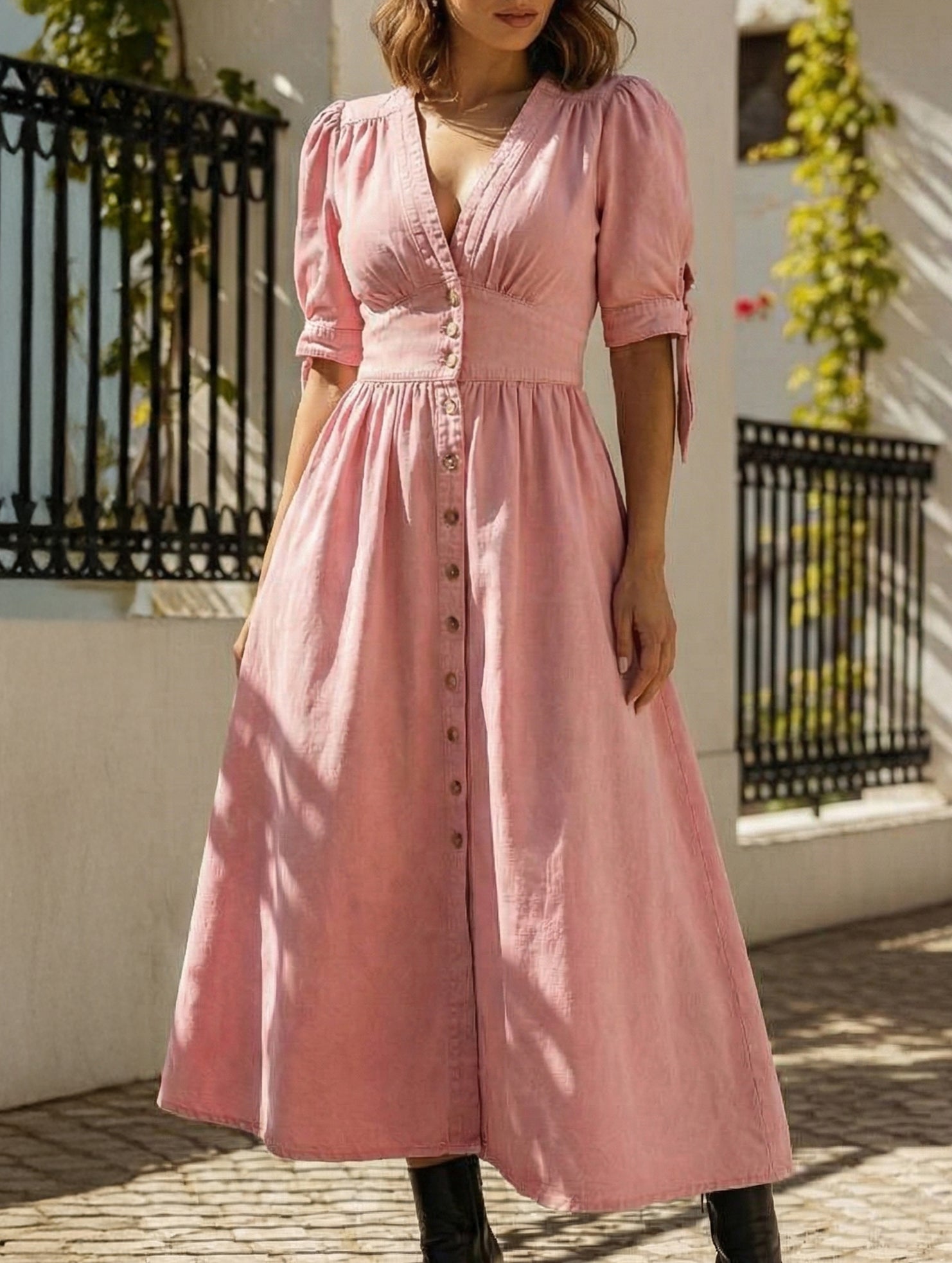 Anna-Berg | Stylish Deep V-Neck Fitted Shirt Dress