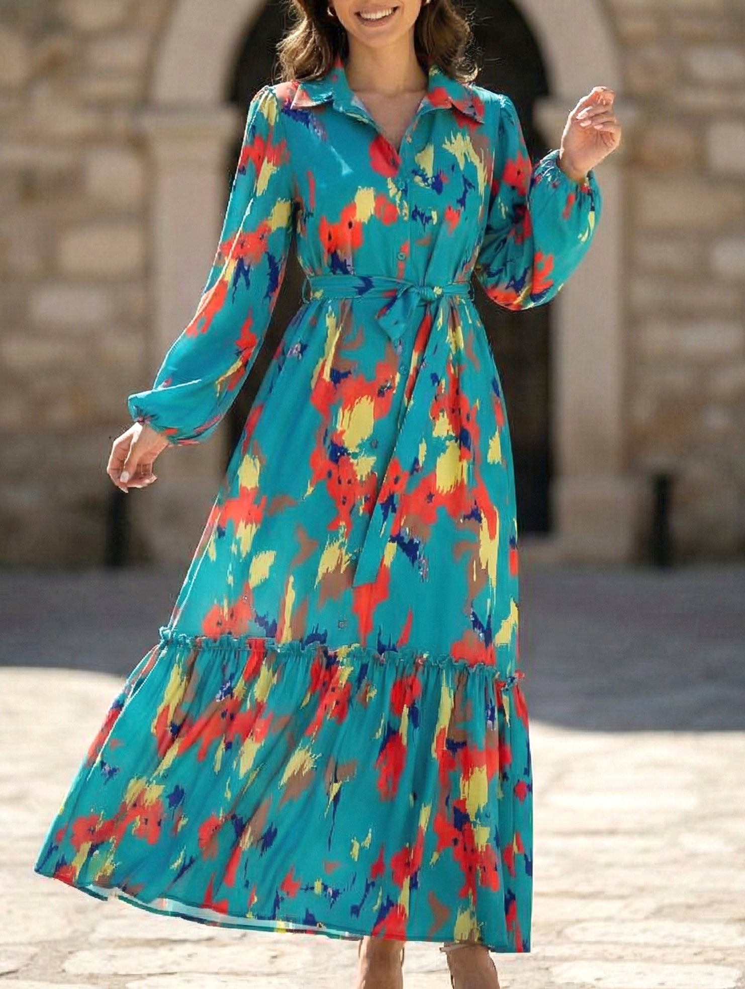 Anna-Berg | Printed Tie-Waist Lantern Sleeve Dress