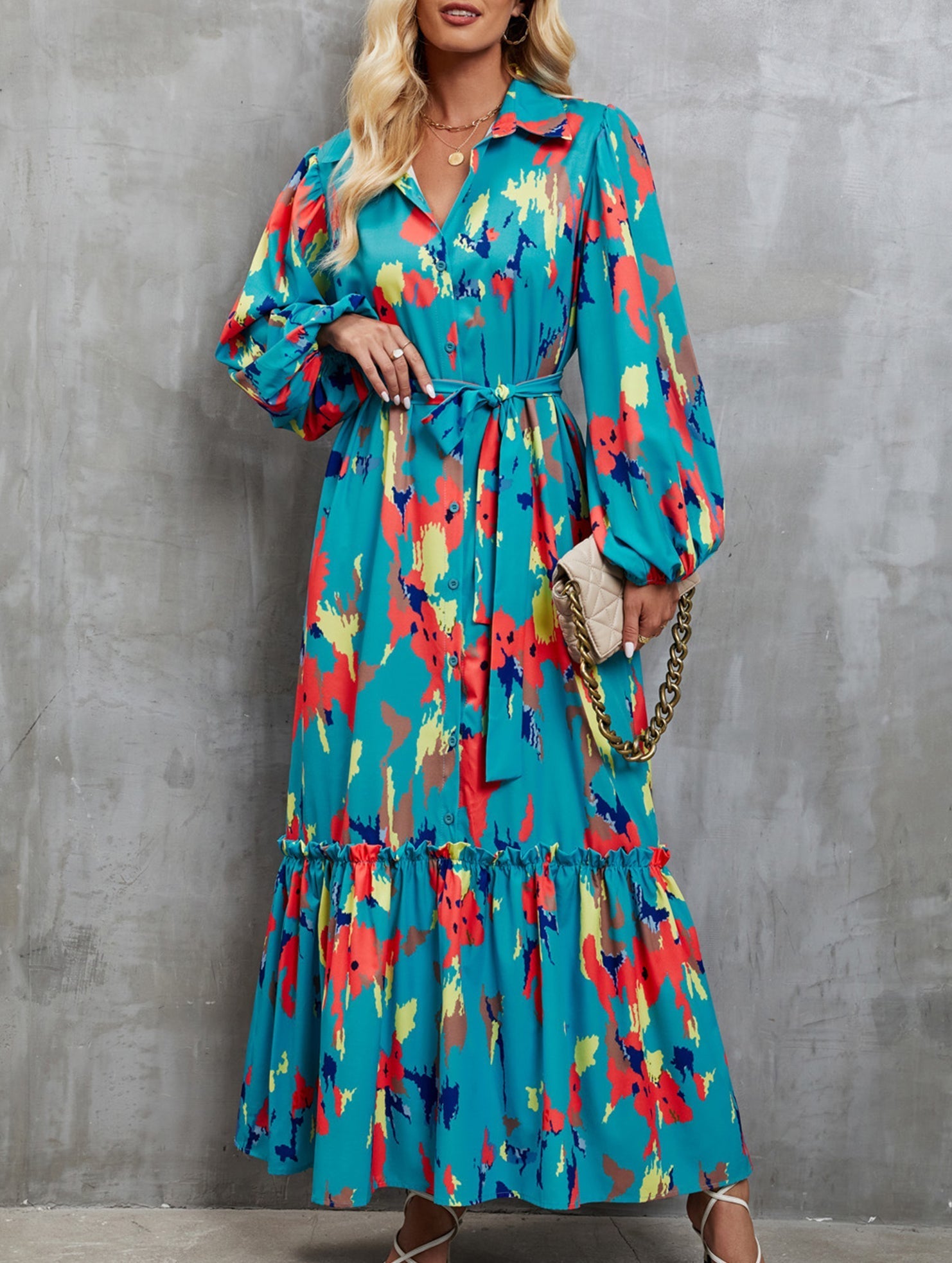 Anna-Berg | Printed Tie-Waist Lantern Sleeve Dress