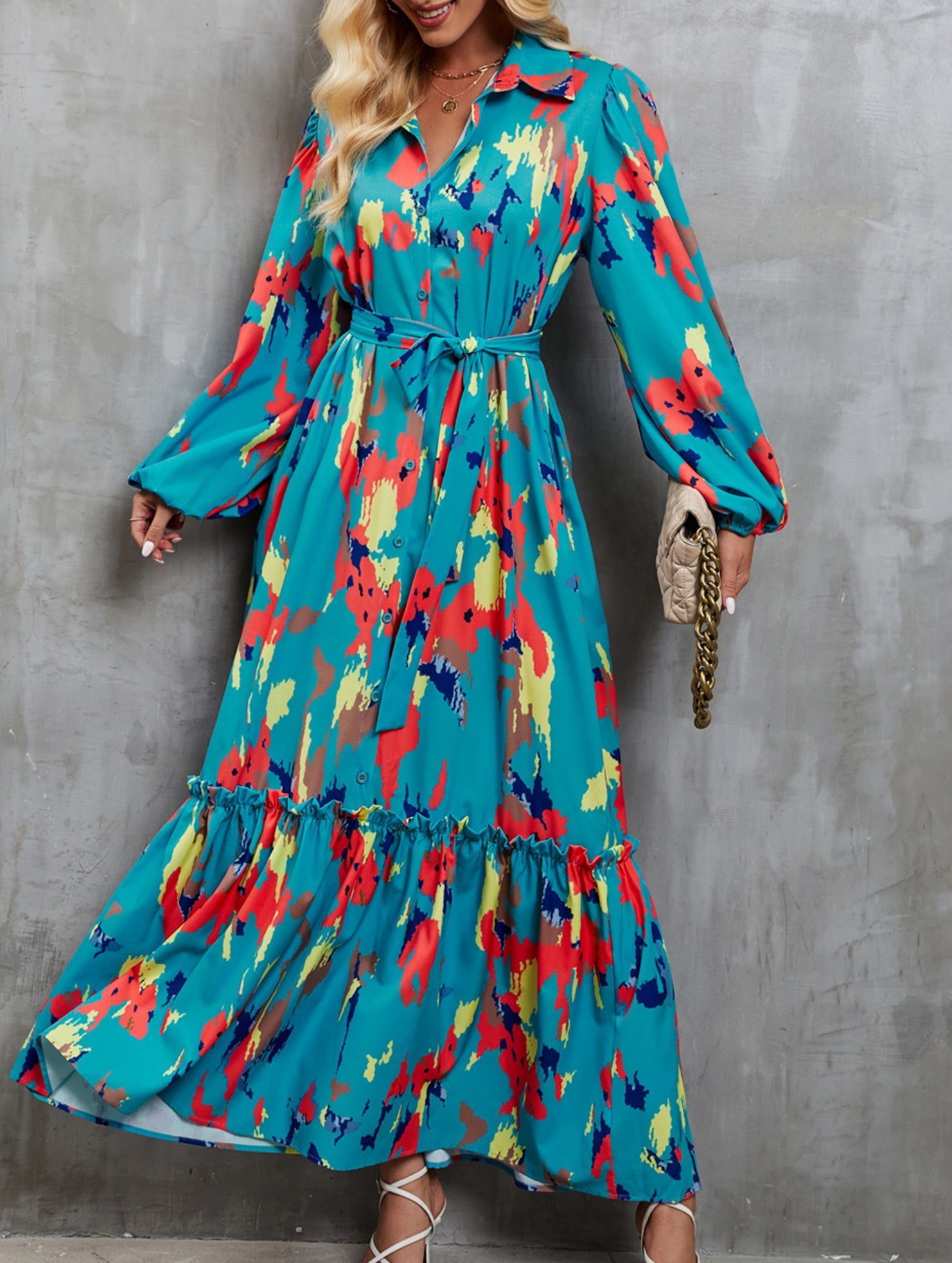 Anna-Berg | Printed Tie-Waist Lantern Sleeve Dress