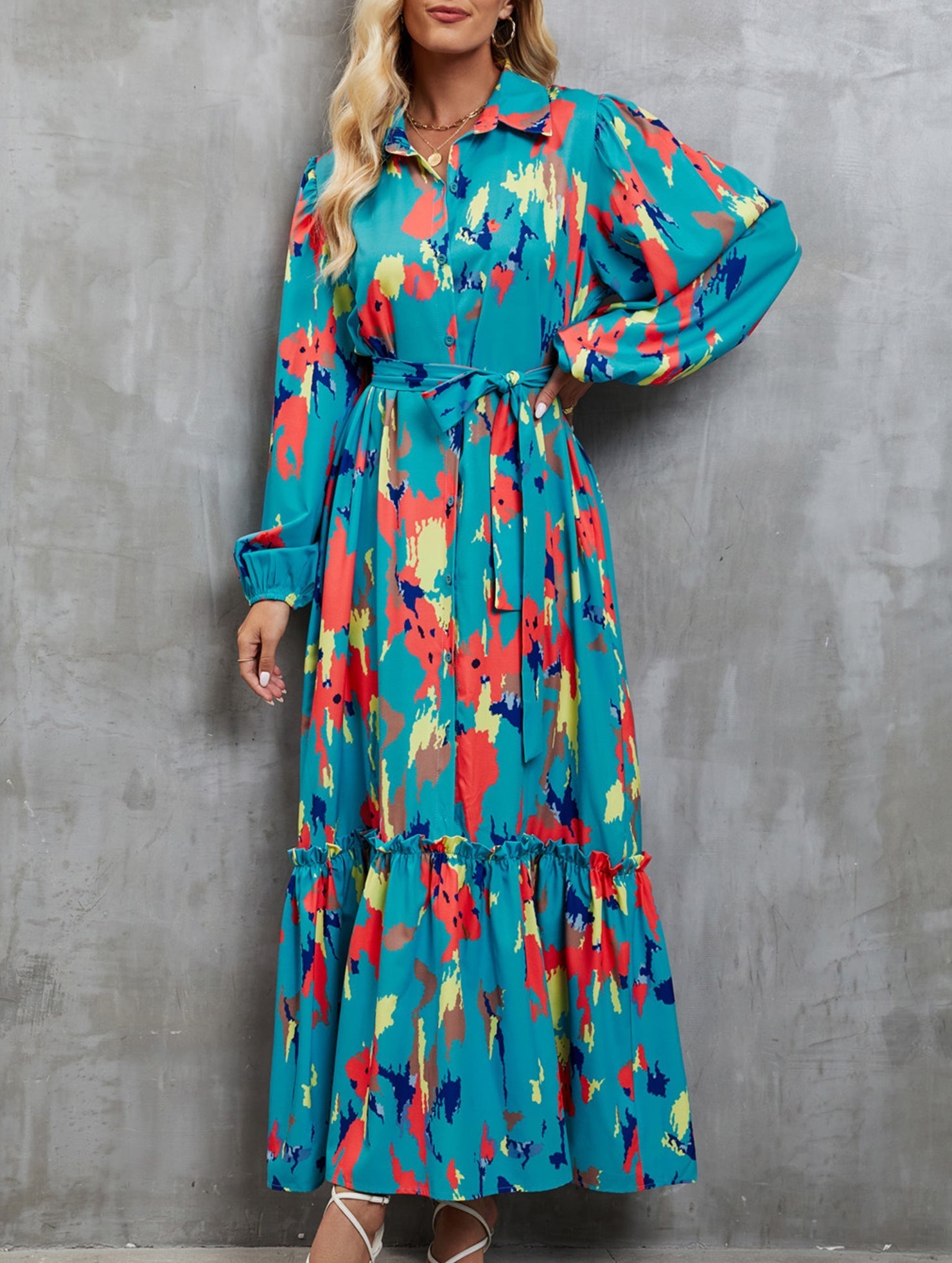 Anna-Berg | Printed Tie-Waist Lantern Sleeve Dress