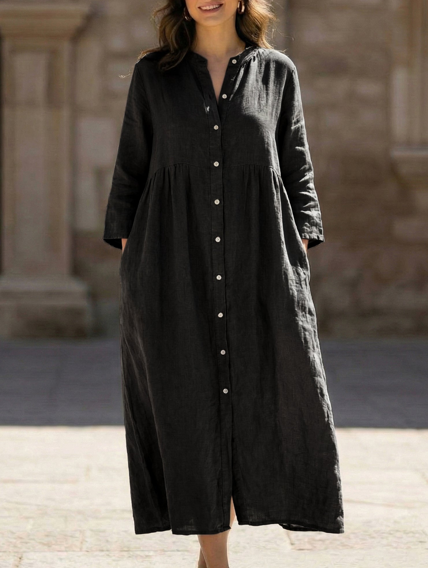 Anna-Berg | Solid Color Cotton Linen Button Dress