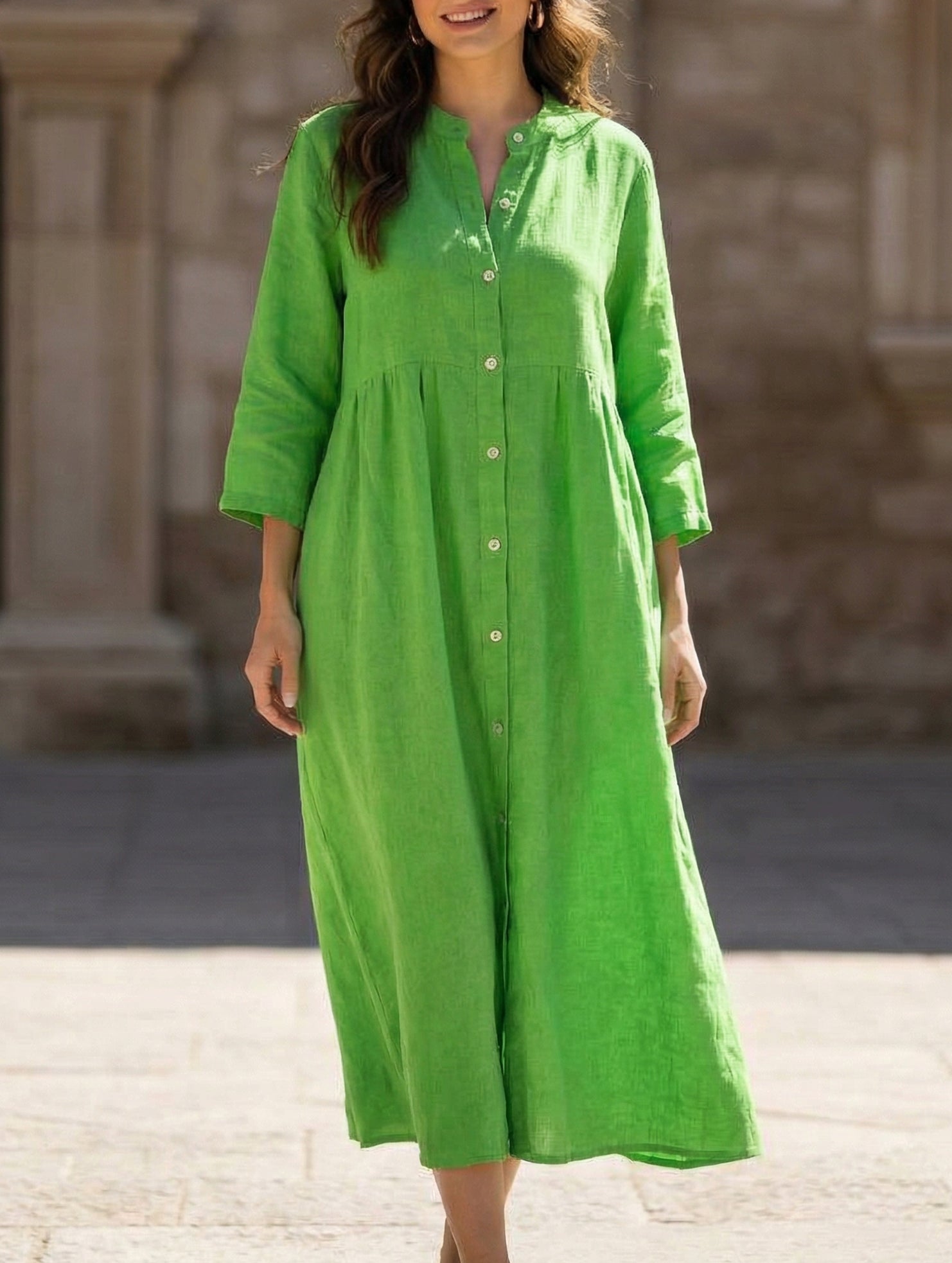 Anna-Berg | Solid Color Cotton Linen Button Dress