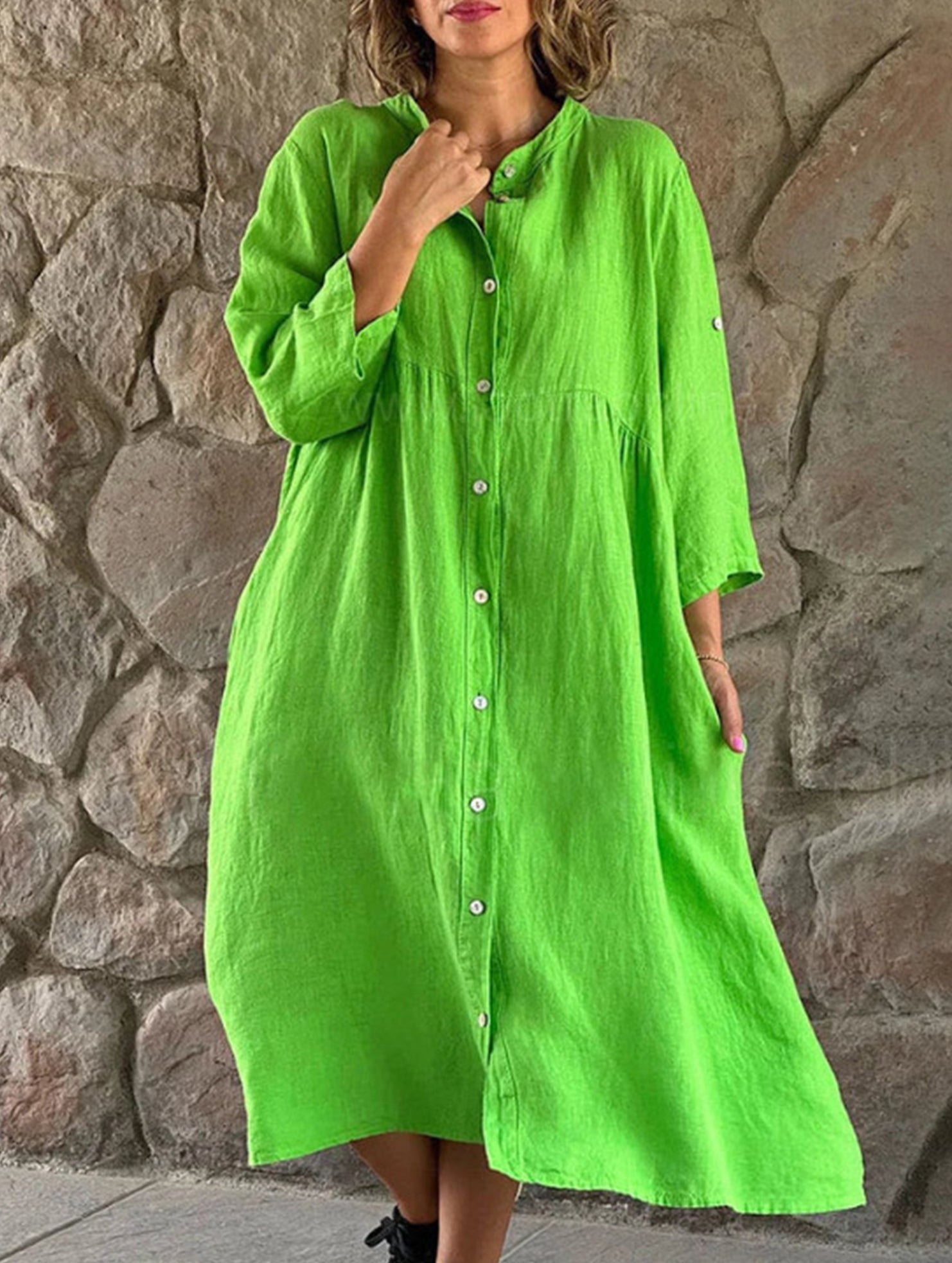 Anna-Berg | Solid Color Cotton Linen Button Dress