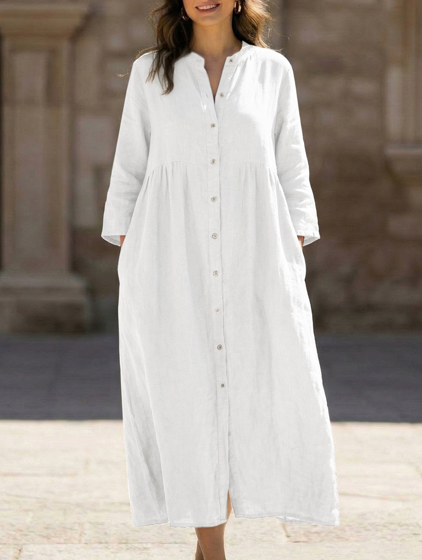 Anna-Berg | Solid Color Cotton Linen Button Dress