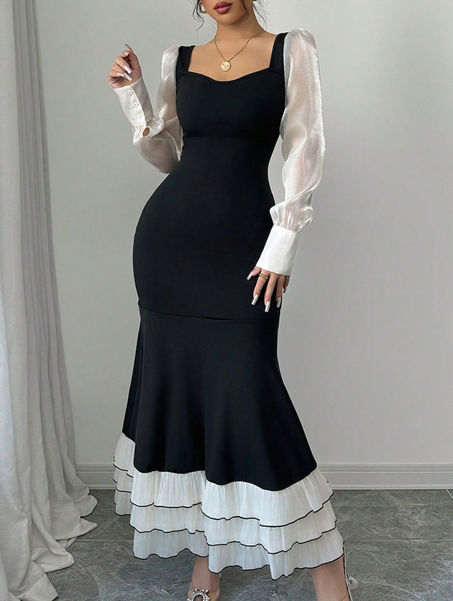 Anna-Berg | Colorblock Long Sleeve Mermaid Dress