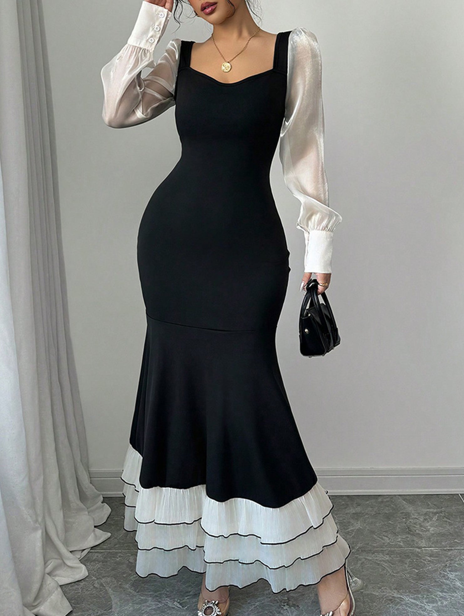 Anna-Berg | Colorblock Long Sleeve Mermaid Dress