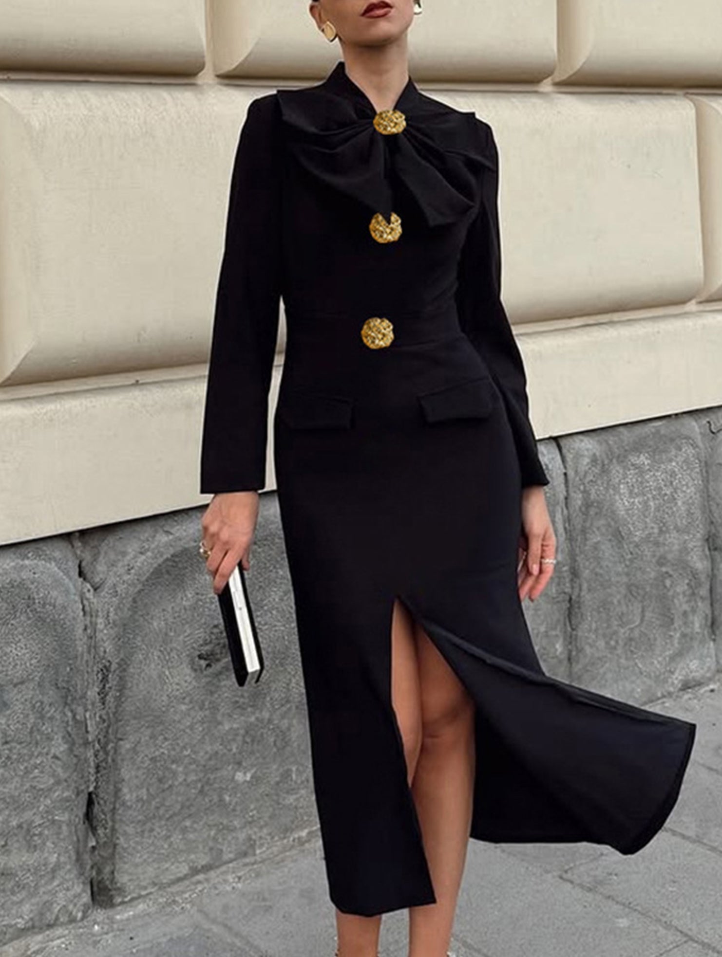 Anna-Berg | Elegant V-Neck Bow Waist-Cinching Dress