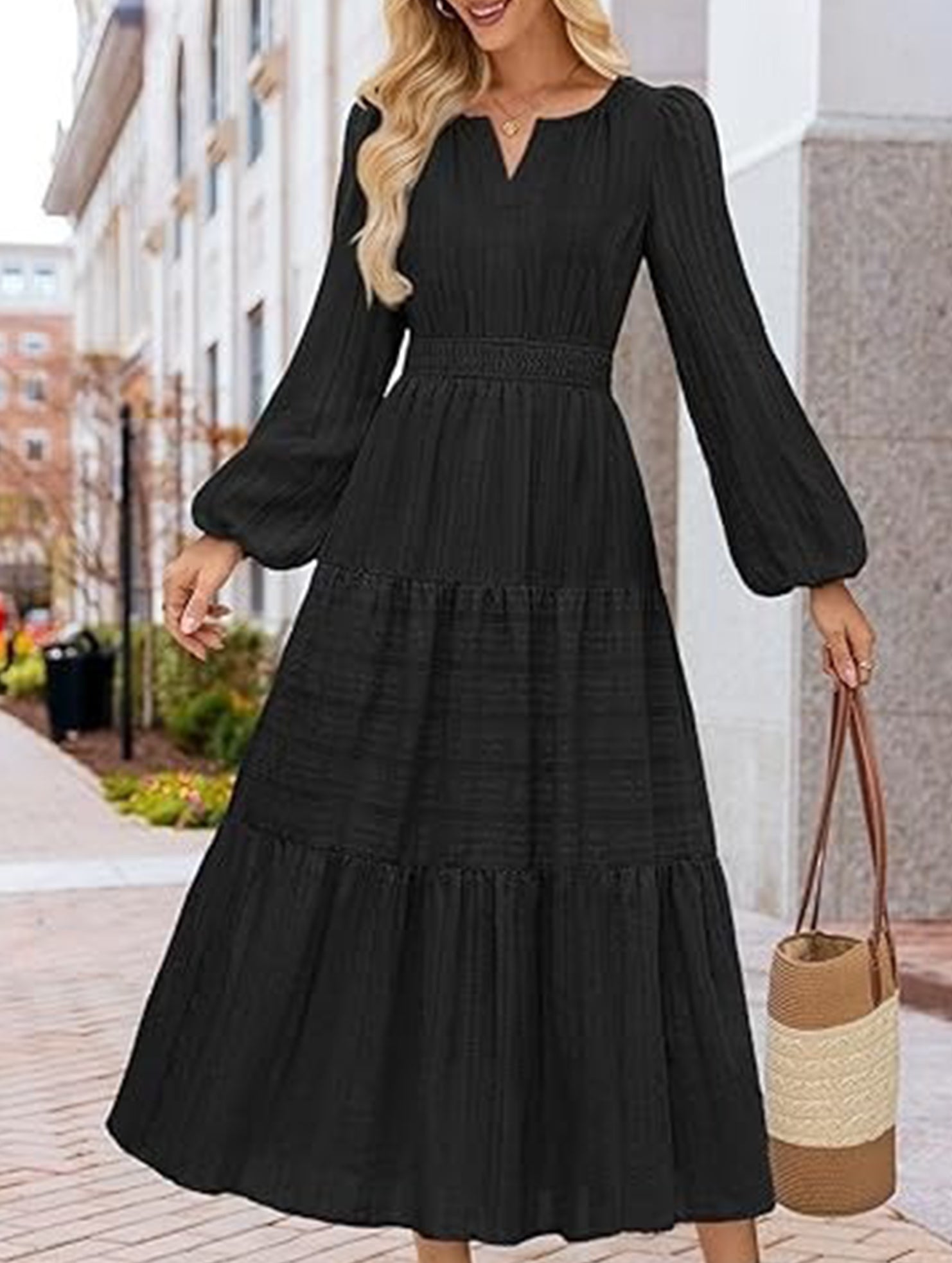 Anna-Berg | V Neck Tiered Puff Sleeve Dress