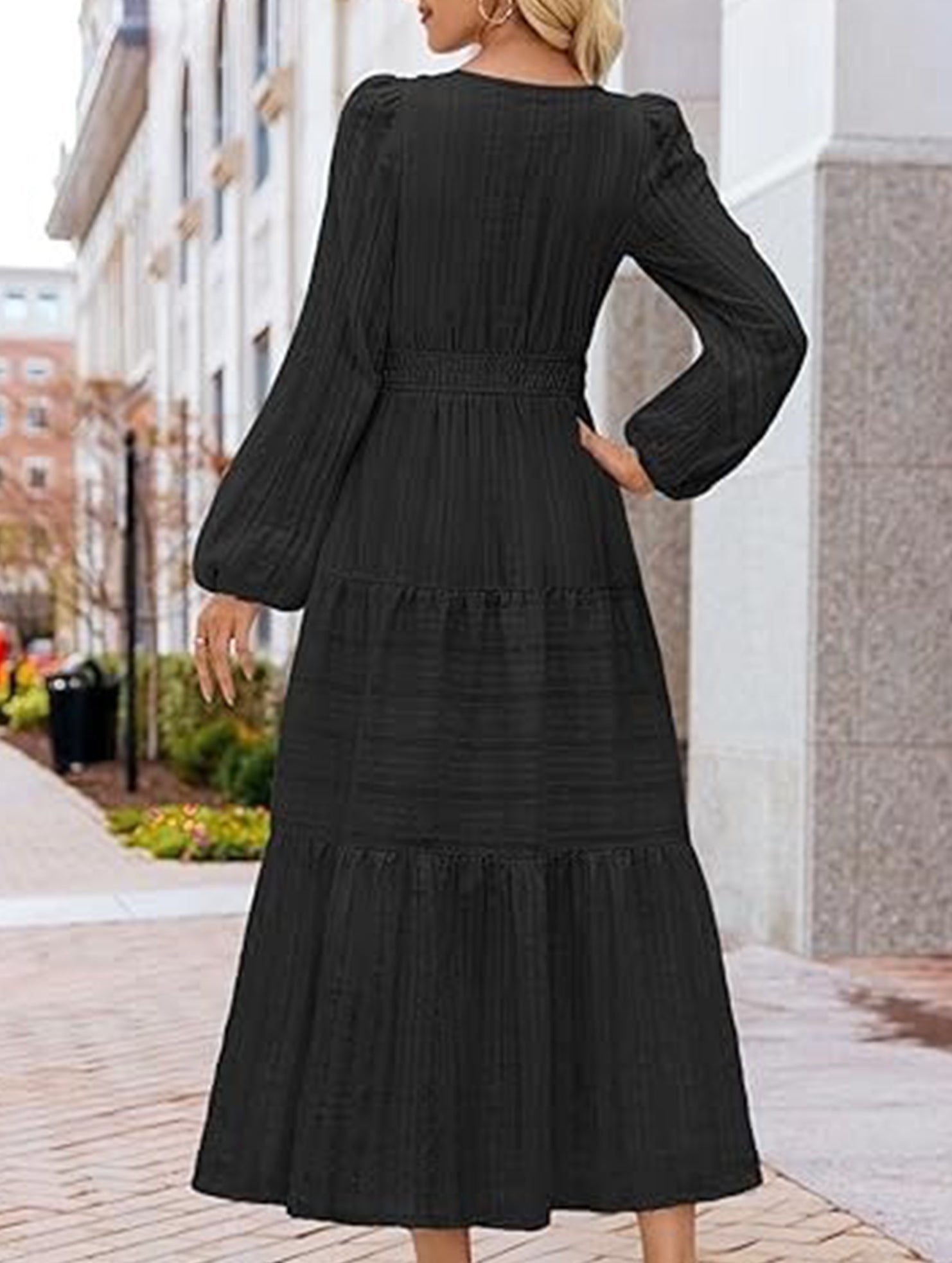 Anna-Berg | V Neck Tiered Puff Sleeve Dress