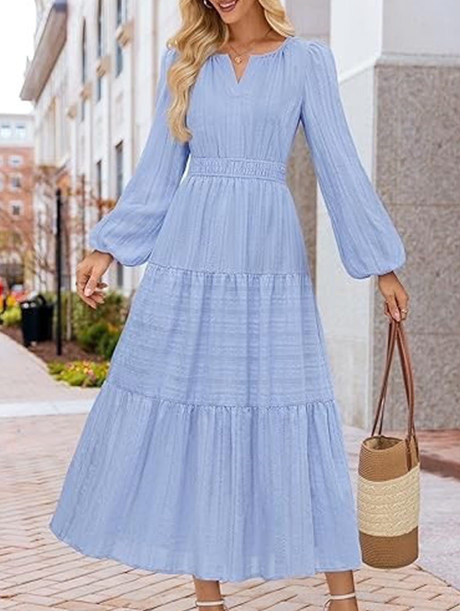Anna-Berg | V Neck Tiered Puff Sleeve Dress